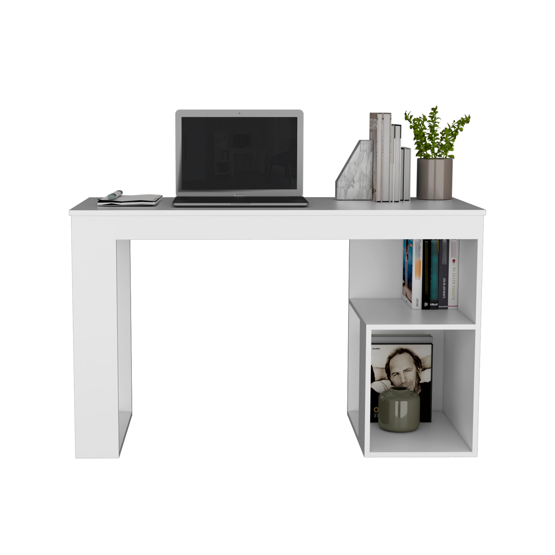 Astana Writing Desk, Two Shelves White Computer Desk Office Modern Rectangular Shelves Desk Rectangular Mdf Engineered Wood