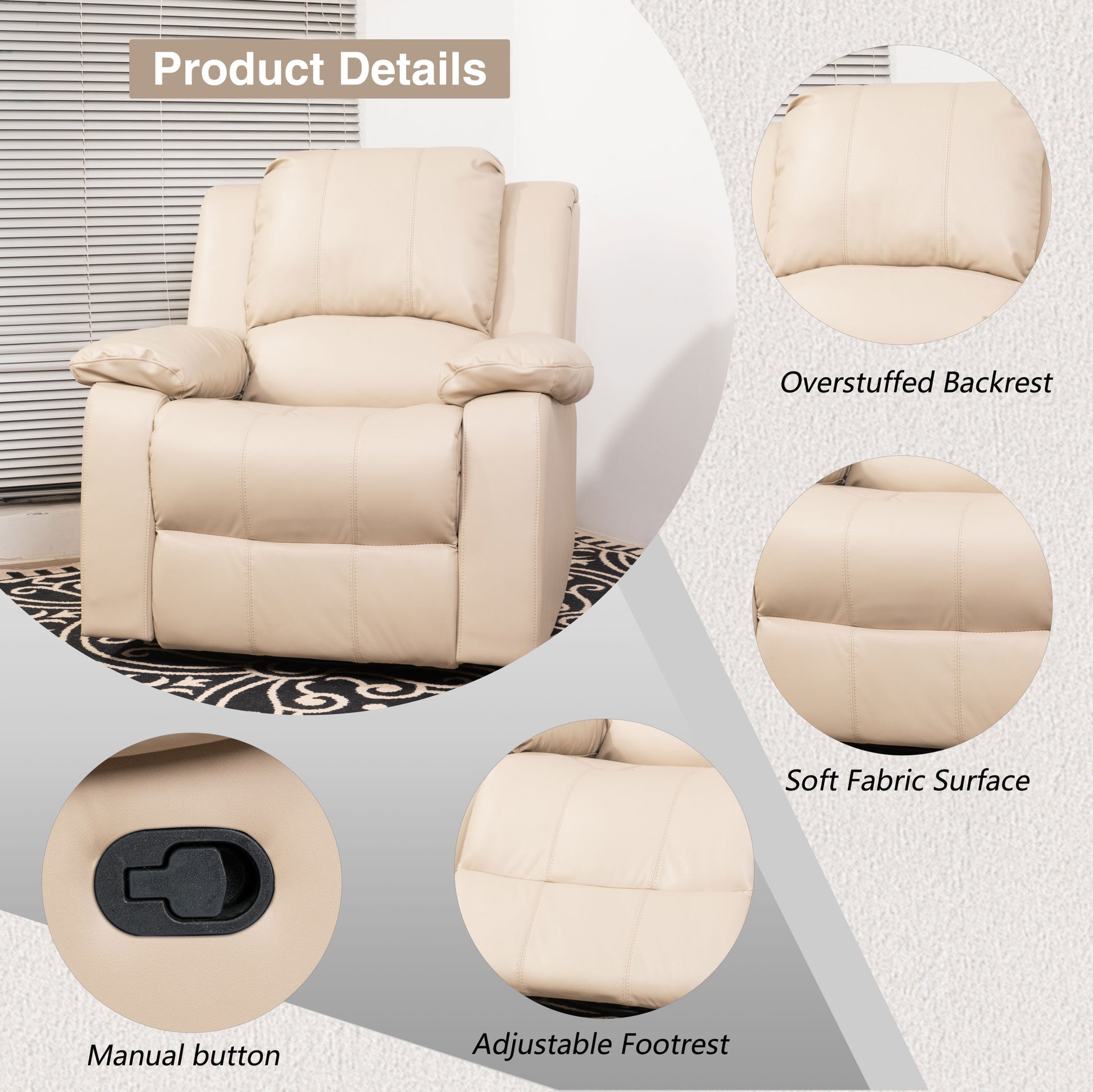 Swivel And Glider Recliner Chair Beige Faux Leather Manual Push Button Wood Primary Living Space Soft American Traditional Metal & Wood