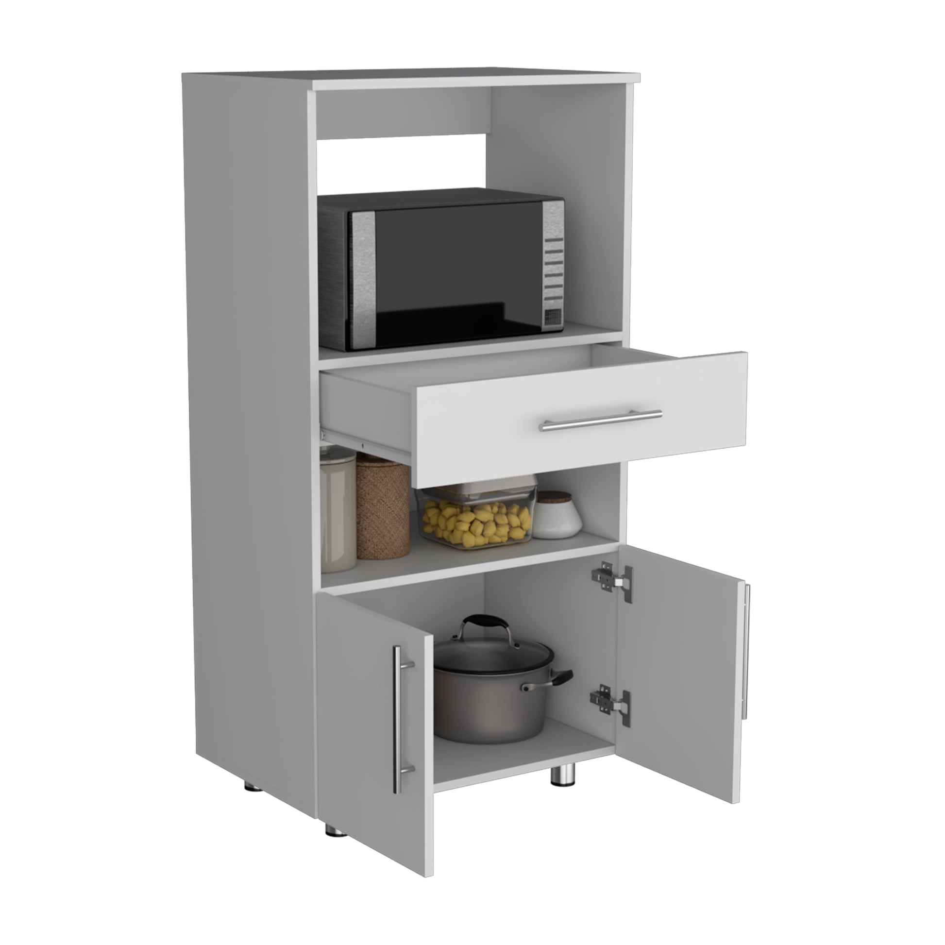 Worland Pantry Cabinet With Microwave Stand, Multi Functional With Drawer And 2 Door Freestanding 1 2 Drawers White Kitchen Shelves Included Modern Mdf Engineered Wood