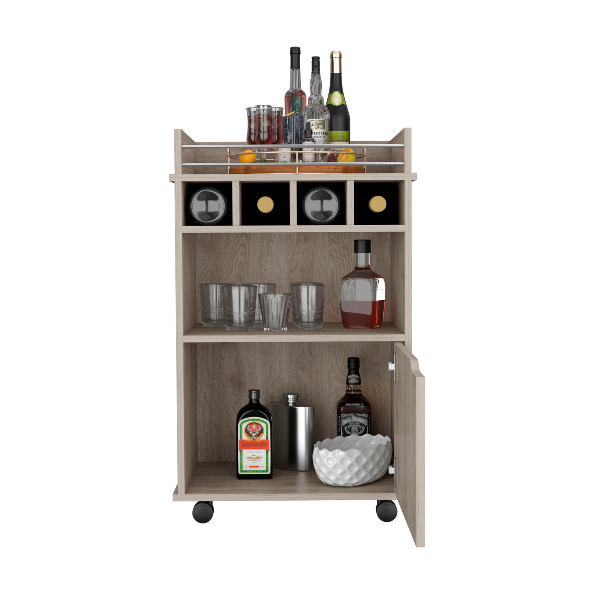 Phoenix Bar Cart With 2 Open Shelves 4 Cubbies And Cabinet Freestanding 1 2 Spaces Beige Primary Living Space Shelves Included Modern Mdf Engineered Wood