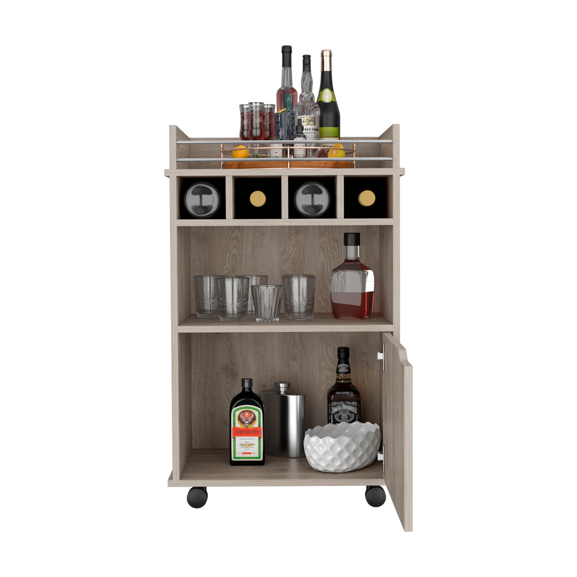 Phoenix Bar Cart With 2 Open Shelves 4 Cubbies And Cabinet Beige Primary Living Space Modern Mdf Engineered Wood