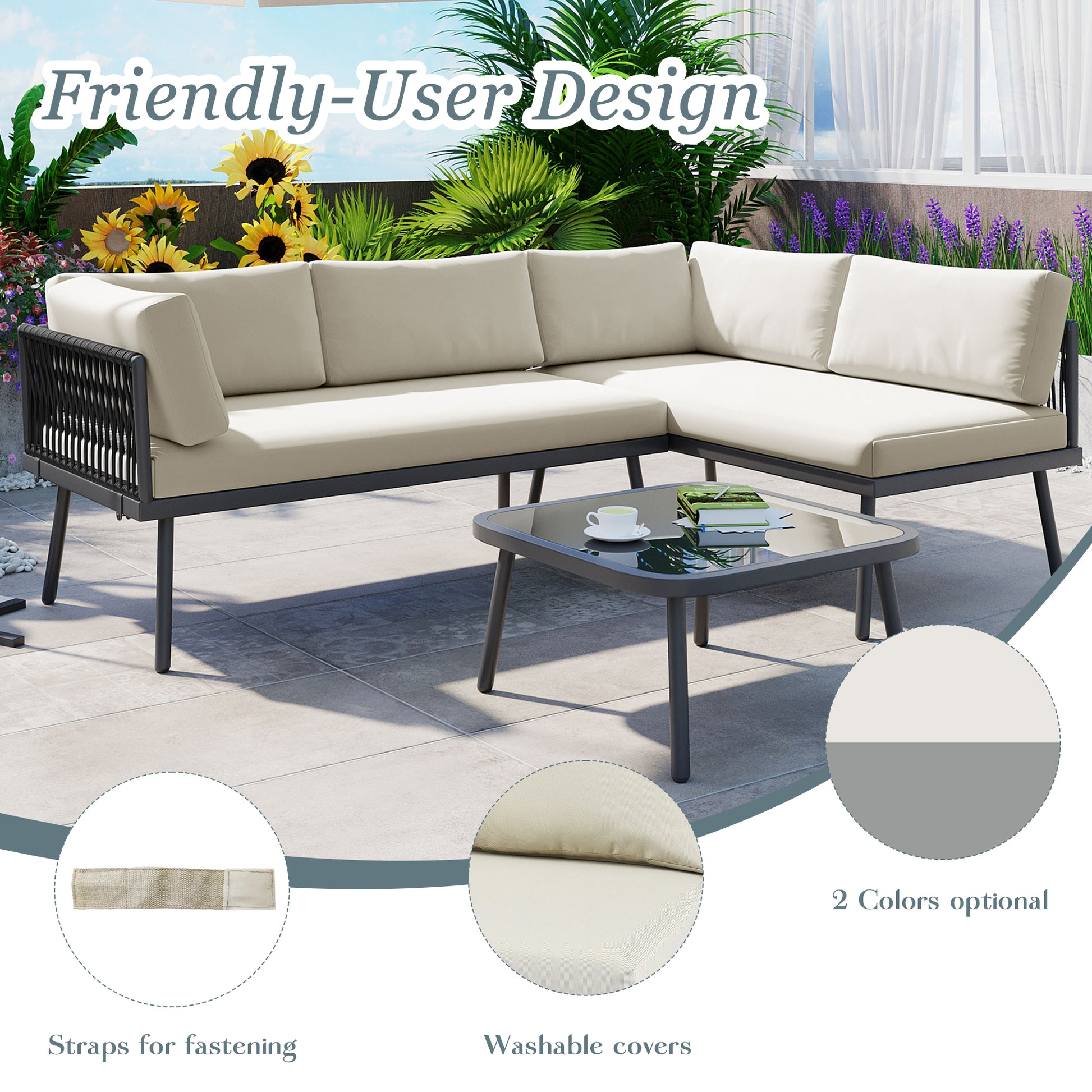 Modern Outdoor 3 Piece Pe Rattan Sofa Set All Weather Patio Metal Sectional Furniture Set With Cushions And Glass Table For Backyard, Poolside, Garden,Black,L Shaped Yes Sectional Black Seats 4 Weather Resistant Frame Water Resistant Cushion Garden &