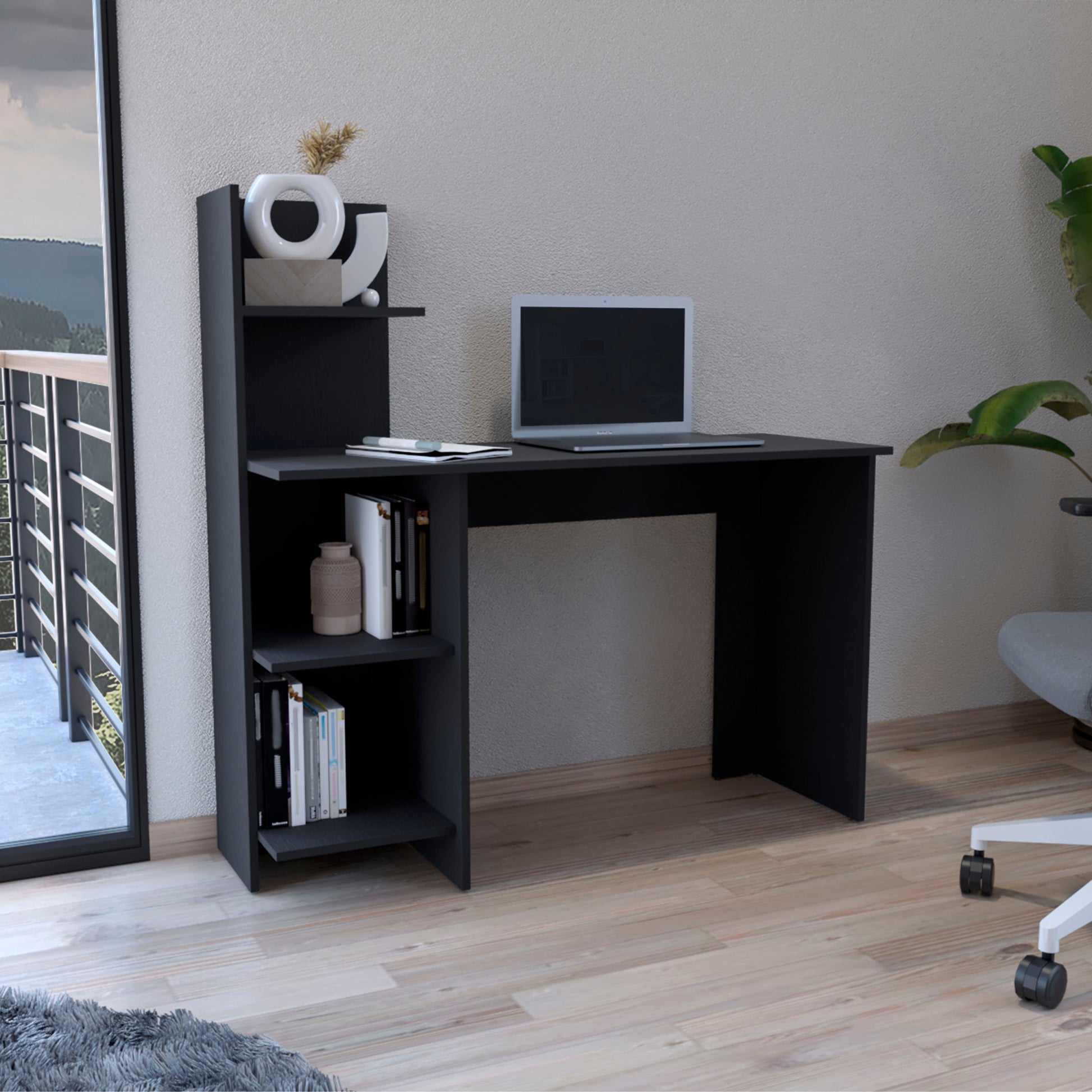 Vilna 120 Writing Deskfour Shelves Black Computer Desk Office Modern Freestanding Rectangular Mdf Engineered Wood