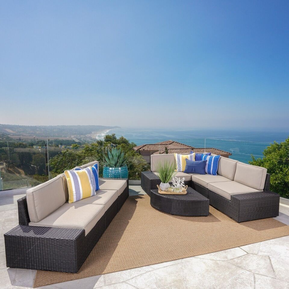 Santa Cruz Outdoor 8 Piece Sectional Set Yes Dark Brown Garden & Outdoor Sectional Seating Groups Pe Rattan Iron Waterproof Fabric