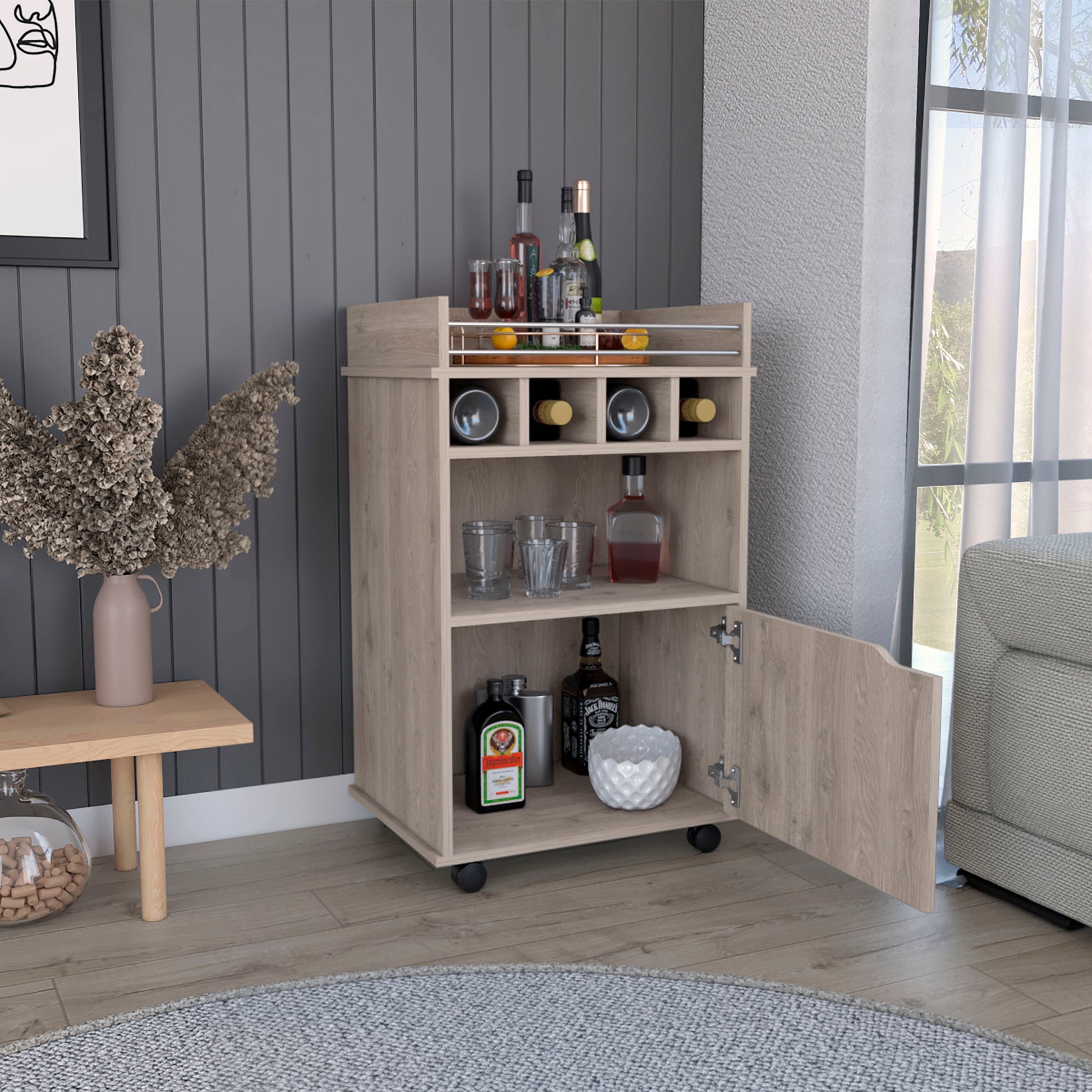 Phoenix Bar Cart With 2 Open Shelves 4 Cubbies And Cabinet Beige Primary Living Space Modern Mdf Engineered Wood