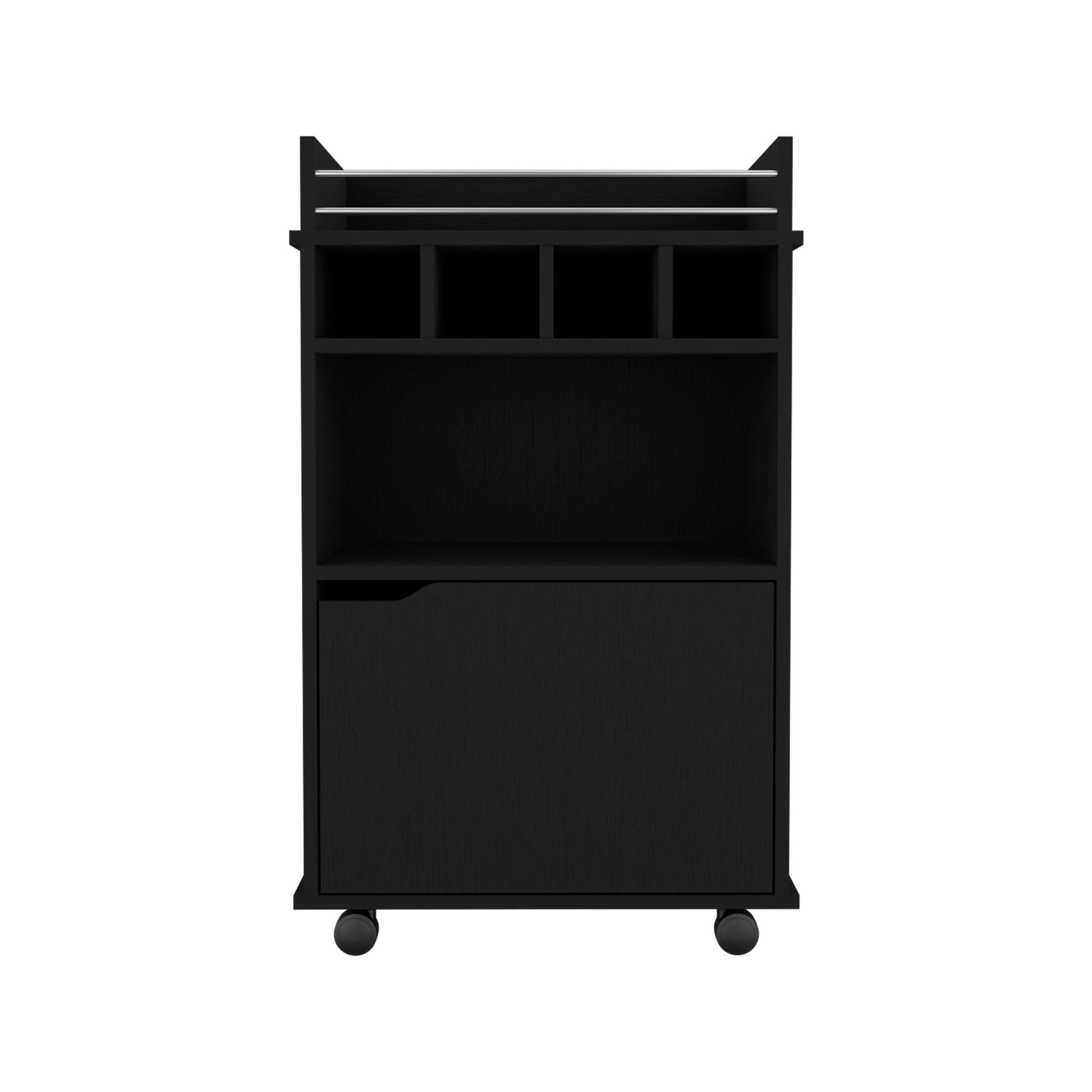 Phoenix Bar Cart With 2 Open Shelves 4 Cubbies And Cabinet Freestanding 1 2 Spaces Black Shelves Included Modern Mdf Engineered Wood