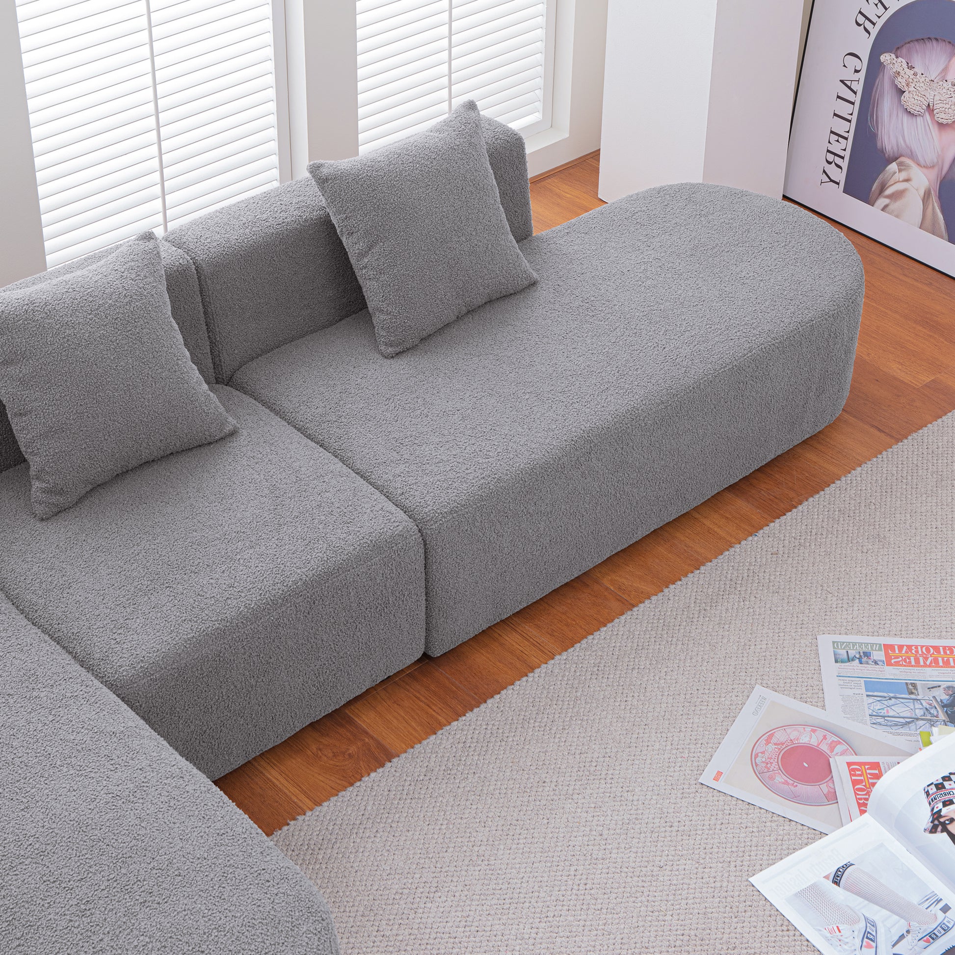 Modern L Shape Boucle Sofa With Curved Seat Facing Left Gray Modern Boucle