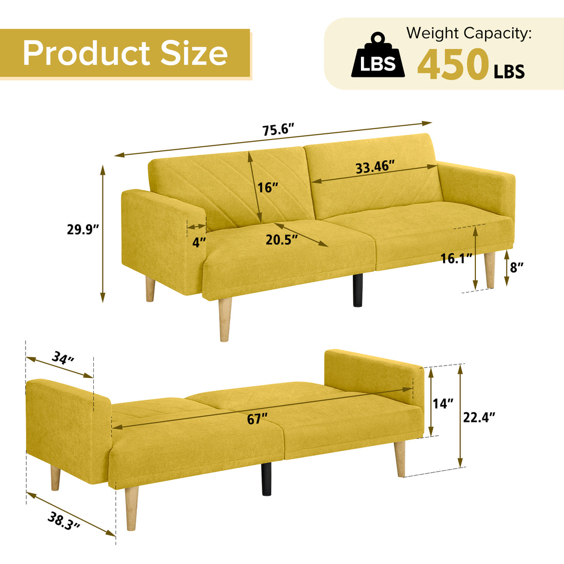 Multi Functional Futon Sofa Bed :Tapered Wood Legs Ideal For Small Living Rooms Multi Color Fabric Options Easily Converts To Single Bed, Yellow Yellow Velvet Wood Primary Living Space Medium Soft Mid Century Modern Square Arms Memory Foam Snowflake