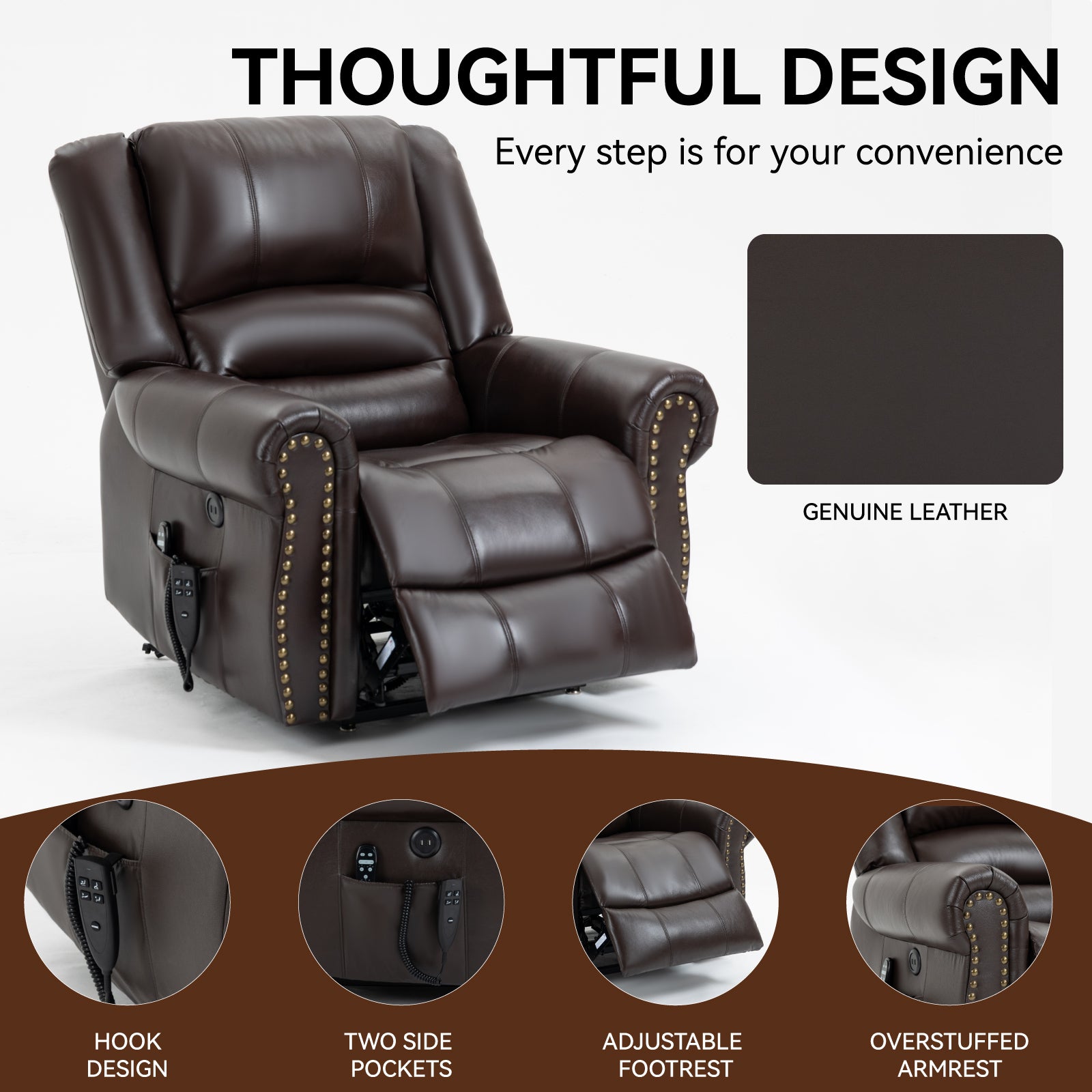 Power Lift Recliner Chair Heat Massage Dual Motor Infinite Position Up To 350 Lbs, Genuine Leather, Heavy Duty Motion Mechanism With Usb Ports, Brown White Metal Primary Living Space Heavy Duty Pine Brown Genuine Leather Power Remote Medium Firm Pillow