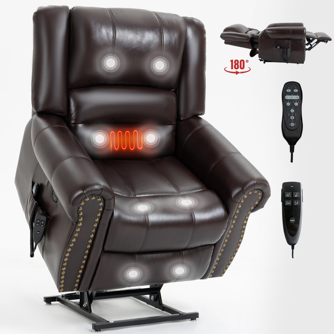 Power Lift Recliner Chair Heat Massage Dual Motor Infinite Position Up To 350 Lbs, Faux Leather, Heavy Duty Motion Mechanism With Usb Ports, Brown White Metal Primary Living Space Heavy Duty Pine