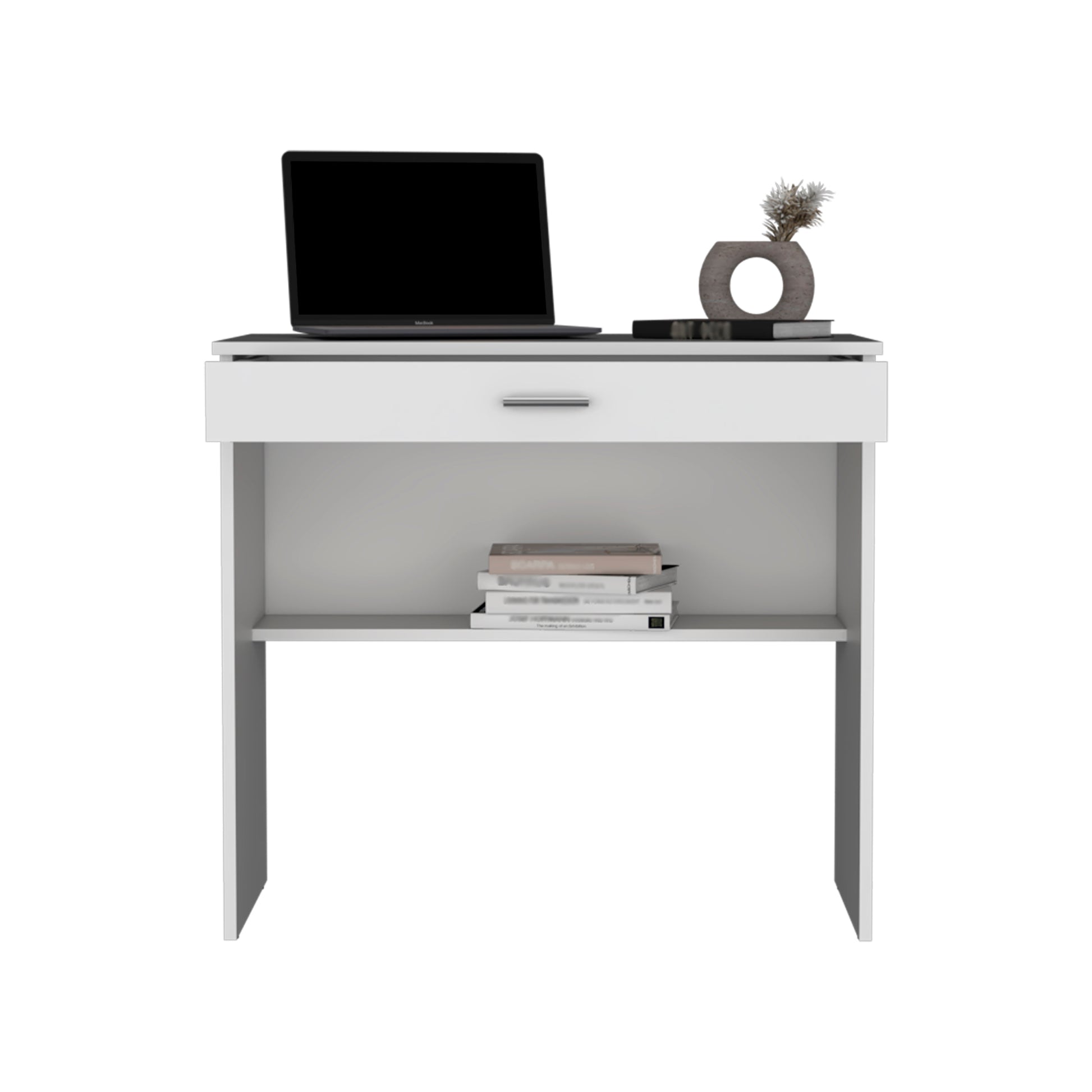 80 C Writting Desk, Compact Workstation With Drawer And Lower Shelf White Computer Desk Office Modern Freestanding Desk Rectangular Mdf Engineered Wood