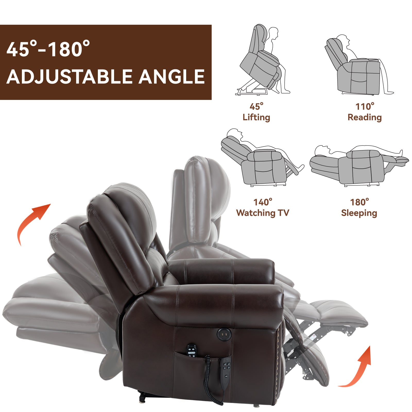 Power Lift Recliner Chair Heat Massage Dual Motor Infinite Position Up To 350 Lbs, Faux Leather, Heavy Duty Motion Mechanism With Usb Ports, Brown White Metal Primary Living Space Heavy Duty Pine