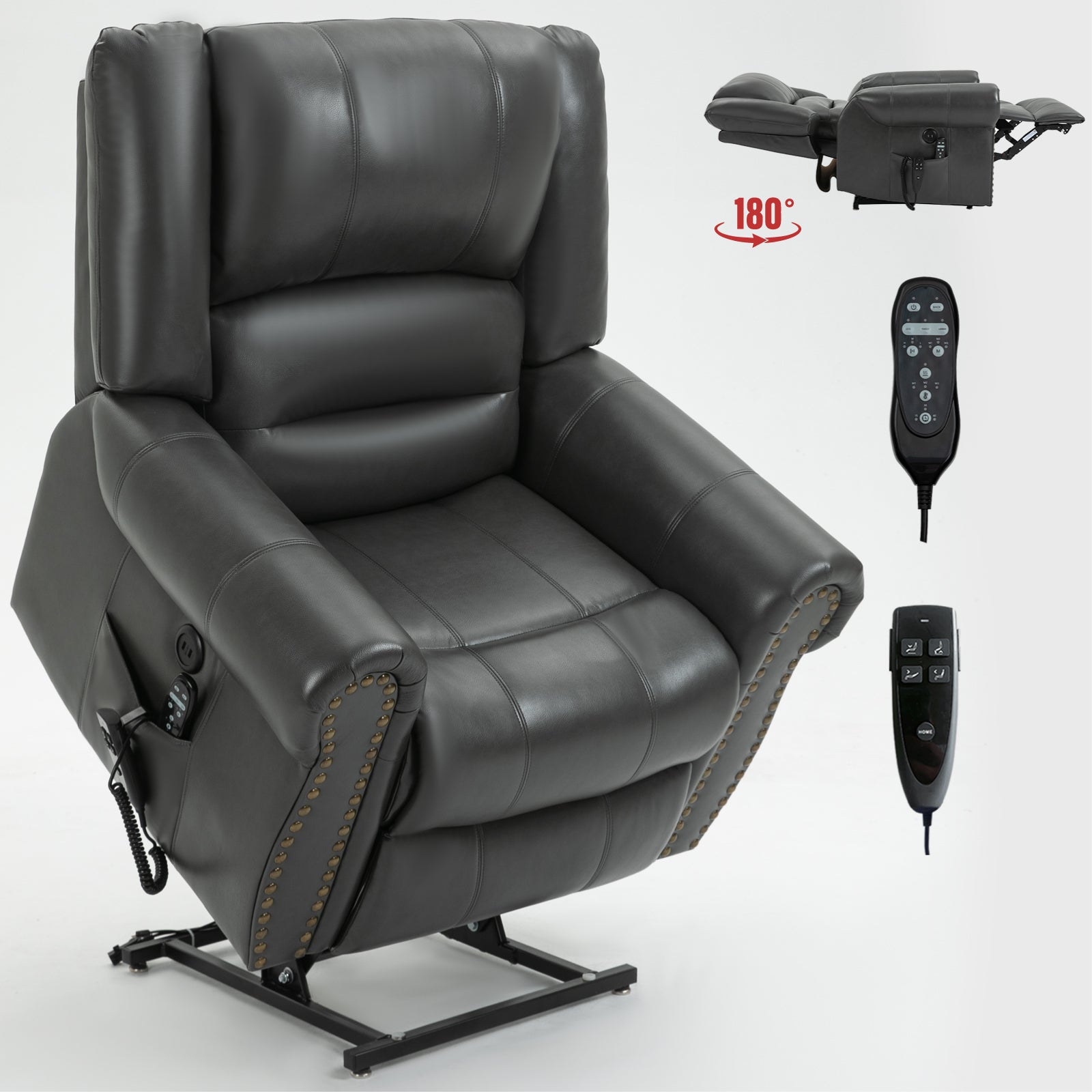 Power Lift Recliner Chair Heat Massage Dual Motor Infinite Position Up To 350 Lbs, Faux Leather, Heavy Duty Motion Mechanism With Usb Ports, Grey White Metal Primary Living Space Heavy Duty Pine Grey Faux Leather Power Remote Medium Firm Pillow Back