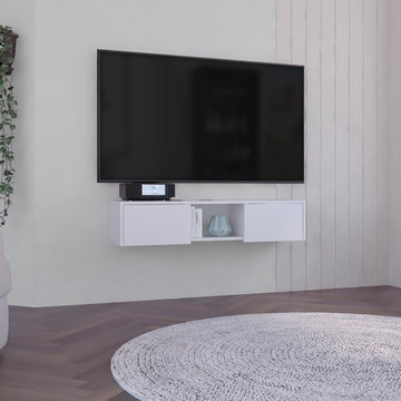 Glen Floating Tv Stand With Side Doors And Central Media Shelf White Primary Living Space 50 59 Inches Modern Mdf Engineered Wood