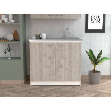 Napoles Utility Sink With Cabinet One Shelf, Double Door Cabinet Smokey Oak Light Gray Multicolor Kitchen Modern Particle Board Particle Board