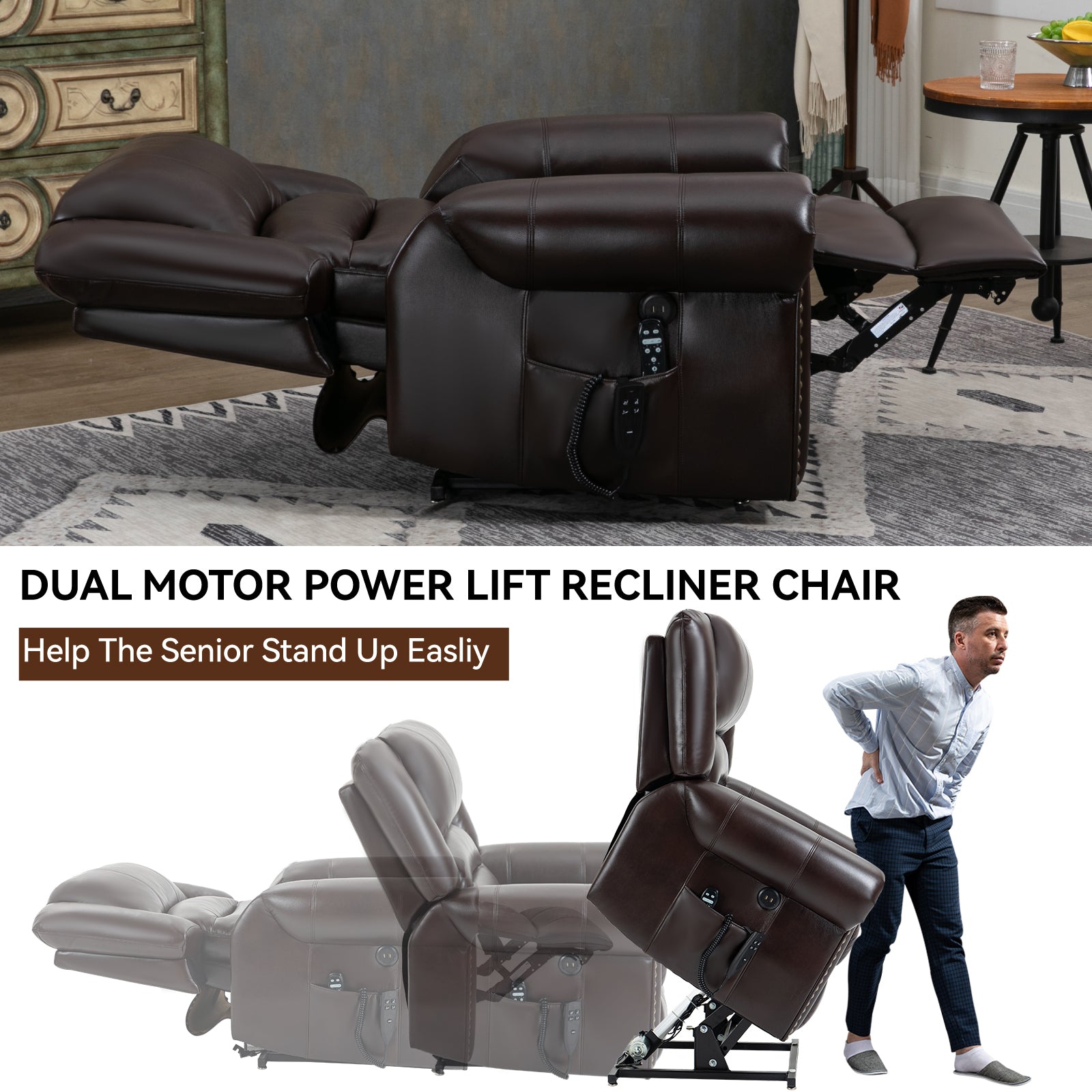 Power Lift Recliner Chair Heat Massage Dual Motor Infinite Position Up To 350 Lbs, Faux Leather, Heavy Duty Motion Mechanism With Usb Ports, Brown White Metal Primary Living Space Heavy Duty Pine