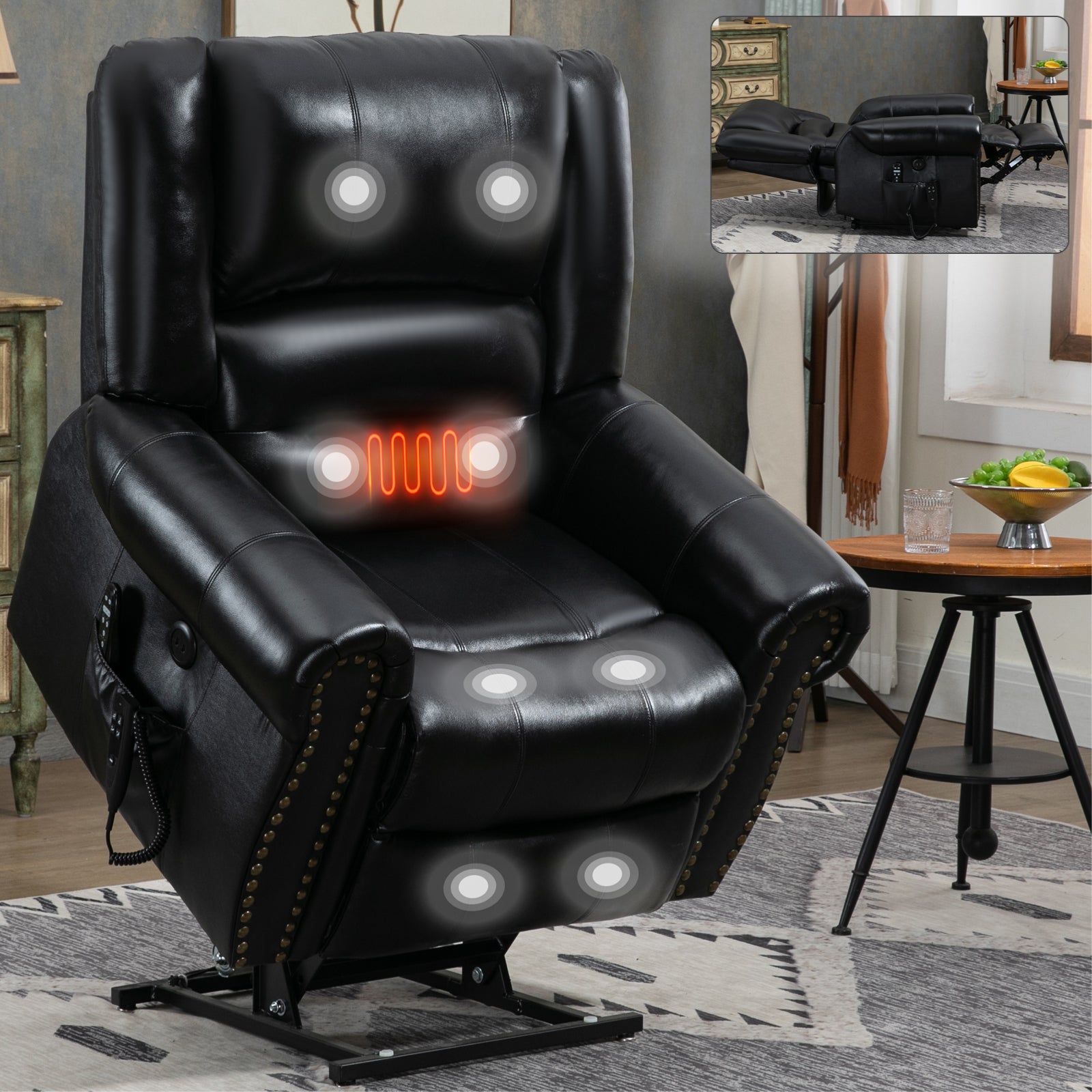 Power Lift Recliner Chair Heat Massage Dual Motor Infinite Position Up To 350 Lbs, Genuine Leather, Heavy Duty Motion Mechanism With Usb Ports, Black White Metal Primary Living Space Heavy Duty Pine Black Genuine Leather Power Remote Medium Firm Pillow