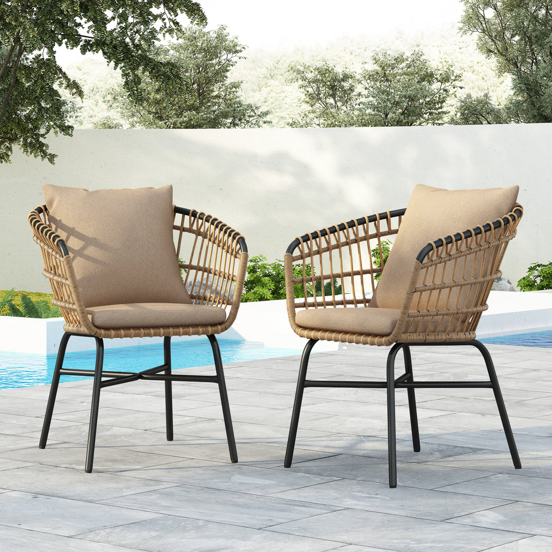 Outdoor Patio Chair With Cushions Set Of 2 Beige Black Pe Rattan Iron Waterproof Fabric