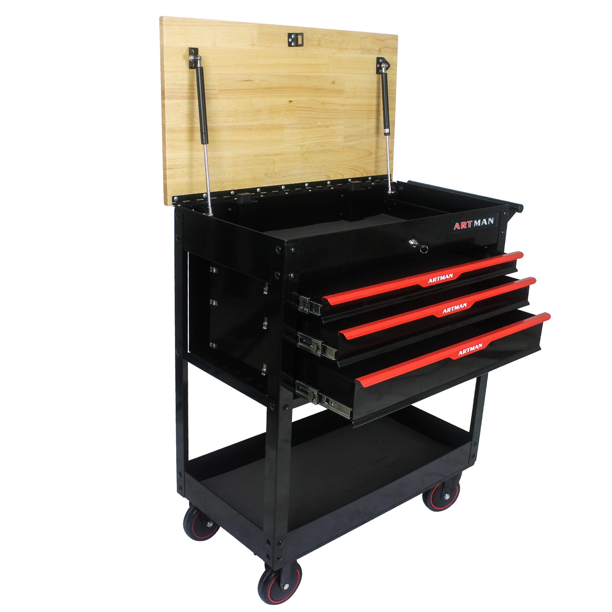 3 Drawers Multifunctional Tool Cart With Wheels And Wooden Top Black Red Metal