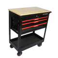 3 Drawers Multifunctional Tool Cart With Wheels And Wooden Top Black Red Metal