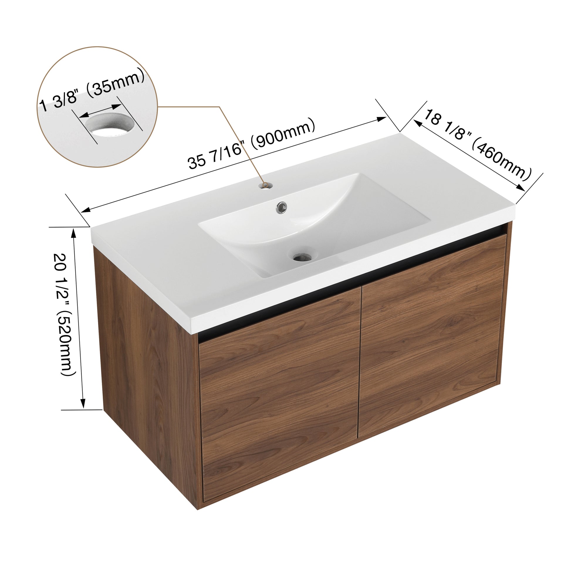 Brown 36 Inch Bathroom Vanity With Resin Countertop Sink, 2 Doors Bathroom Cabinet Set Brown Bathroom American Design Engineered Wood