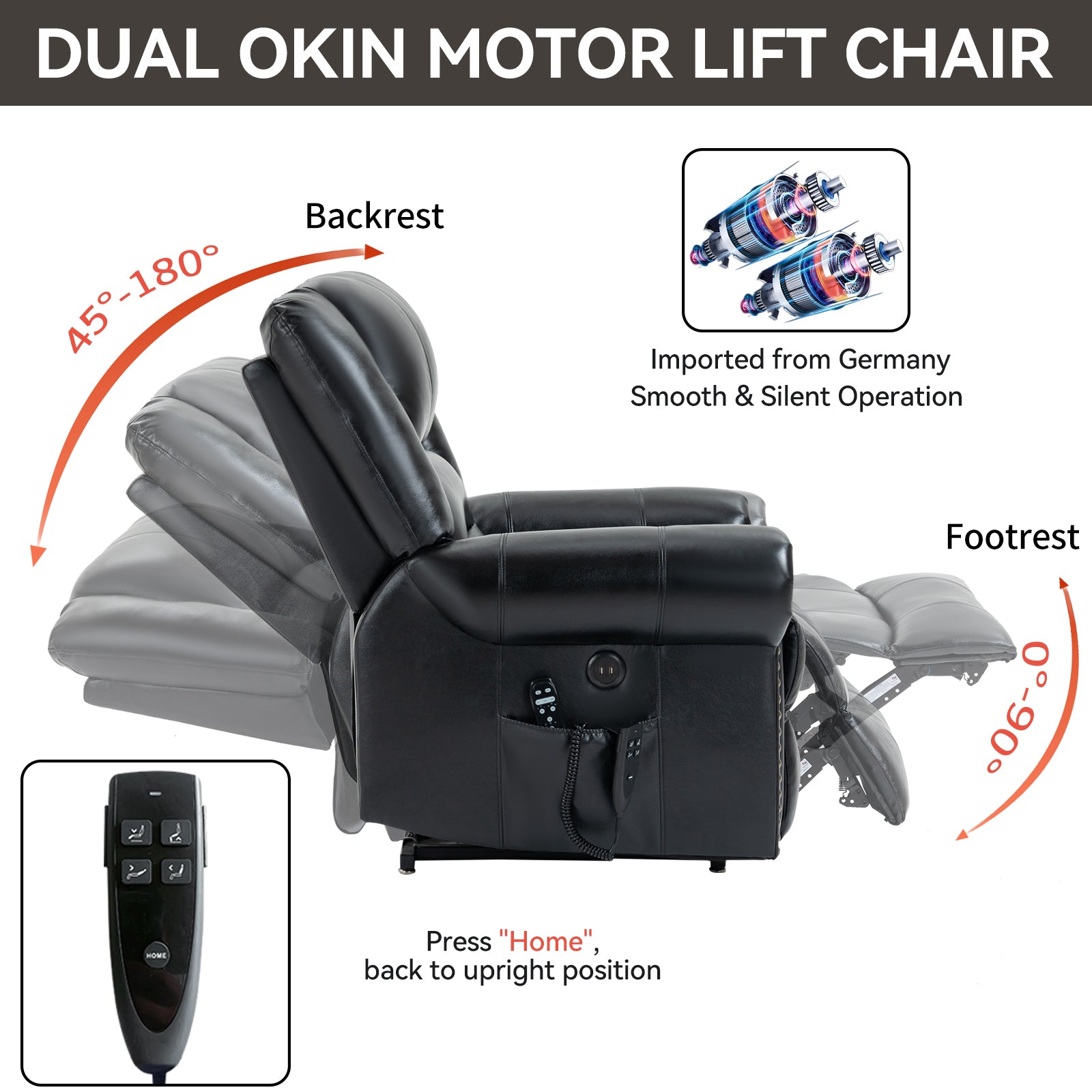 Power Lift Recliner Chair Heat Massage Dual Motor Infinite Position Up To 350 Lbs, Genuine Leather, Heavy Duty Motion Mechanism With Usb Ports, Black White Metal Primary Living Space Heavy Duty Pine Black Genuine Leather Power Remote Medium Firm Pillow