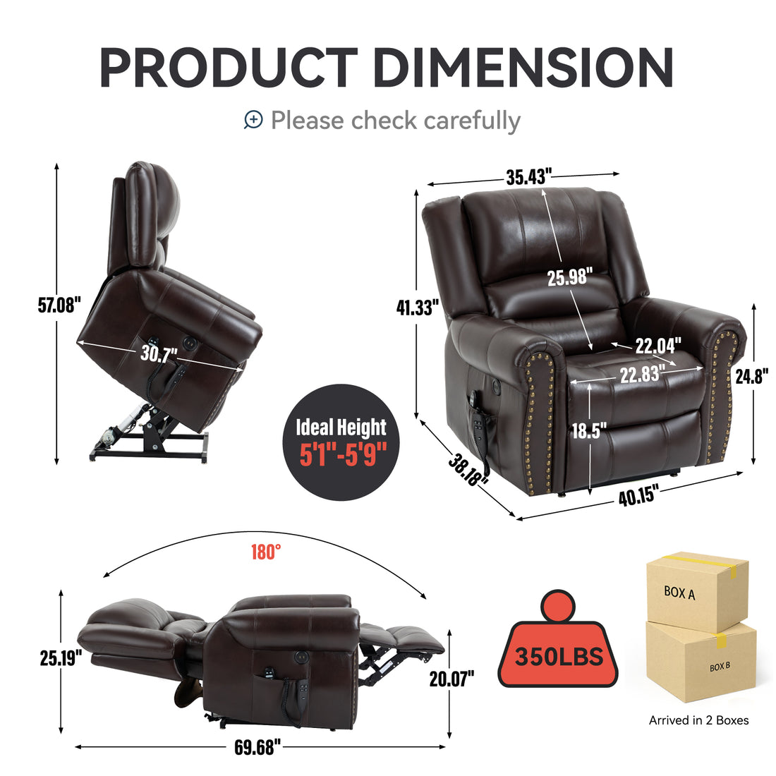 Power Lift Recliner Chair Heat Massage Dual Motor Infinite Position Up To 350 Lbs, Faux Leather, Heavy Duty Motion Mechanism With Usb Ports, Brown White Metal Primary Living Space Heavy Duty Pine