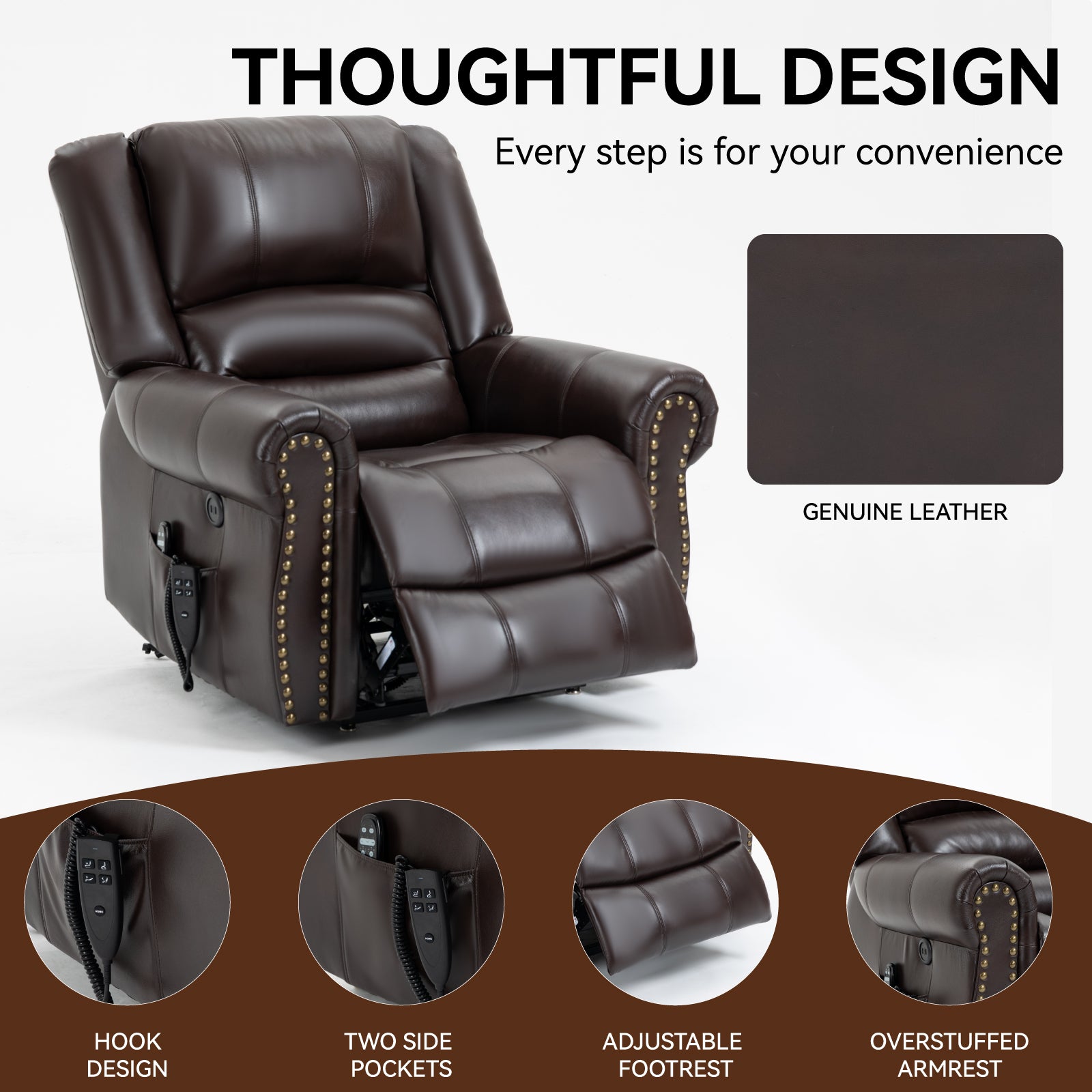 Power Lift Recliner Chair Heat Massage Dual Motor Infinite Position Up To 350 Lbs, Faux Leather, Heavy Duty Motion Mechanism With Usb Ports, Brown White Metal Primary Living Space Heavy Duty Pine