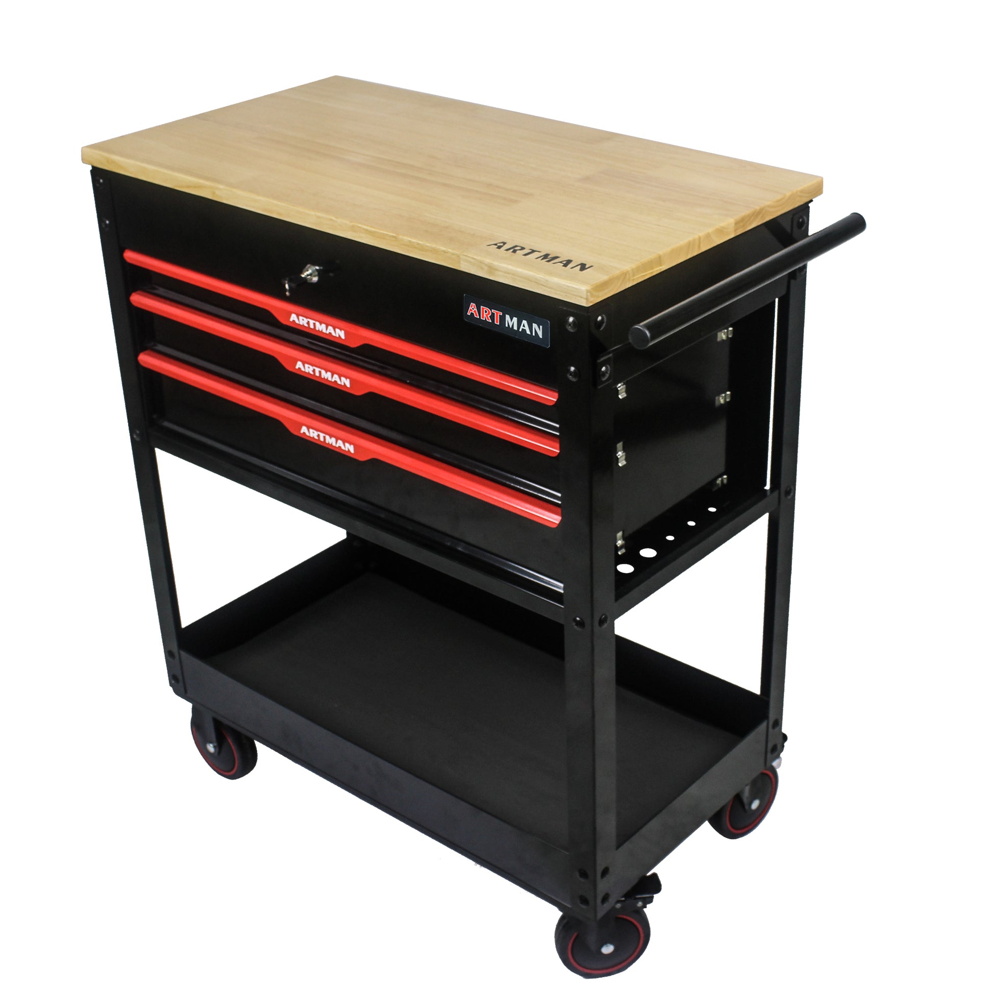 3 Drawers Multifunctional Tool Cart With Wheels And Wooden Top Black Red Metal