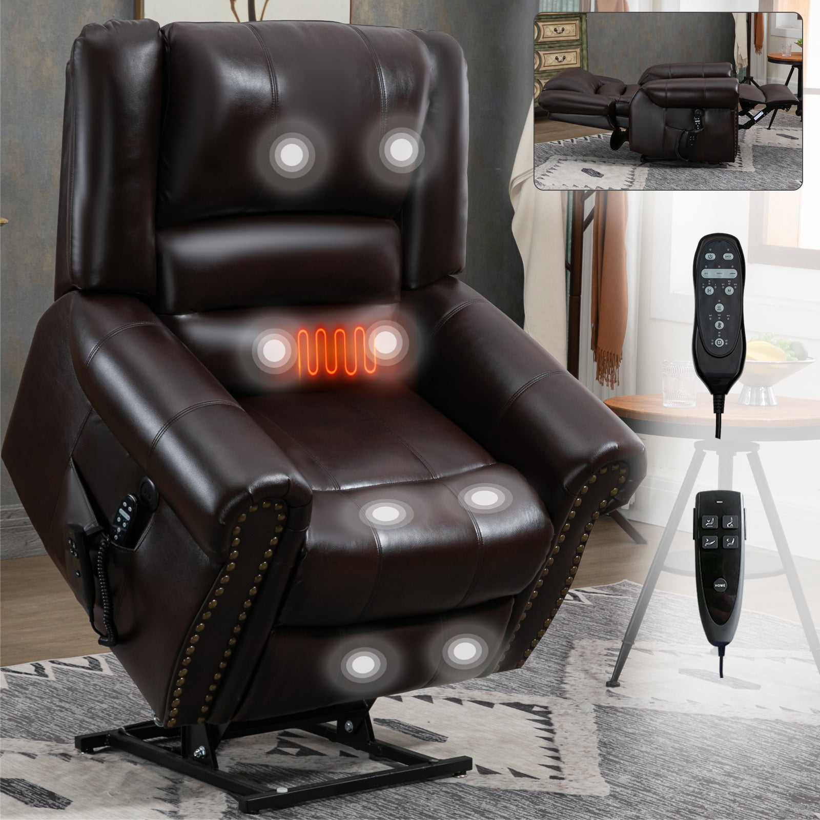 Power Lift Recliner Chair Heat Massage Dual Motor Infinite Position Up To 350 Lbs, Faux Leather, Heavy Duty Motion Mechanism With Usb Ports, Brown White Metal Primary Living Space Heavy Duty Pine