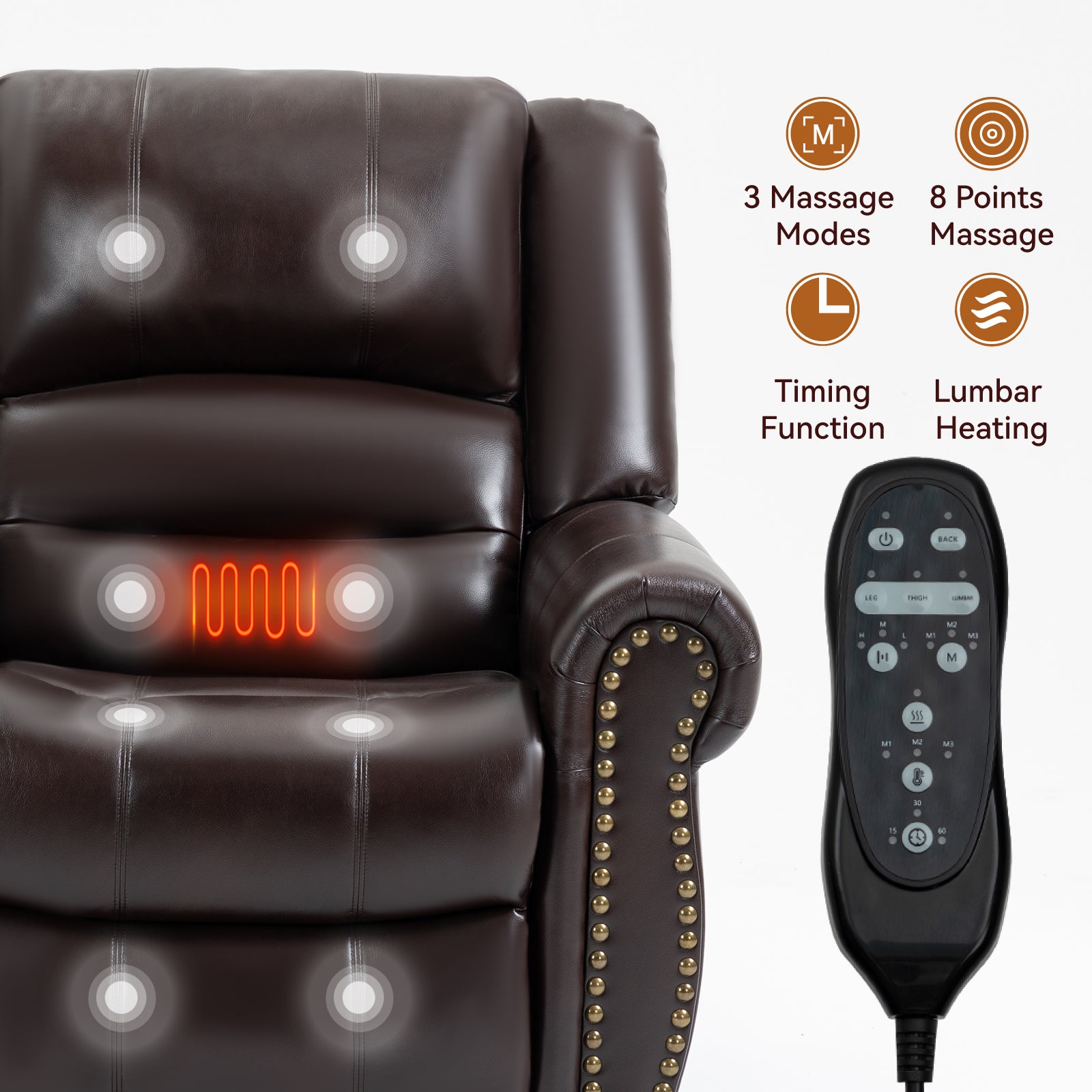 Power Lift Recliner Chair Heat Massage Dual Motor Infinite Position Up To 350 Lbs, Faux Leather, Heavy Duty Motion Mechanism With Usb Ports, Brown White Metal Primary Living Space Heavy Duty Pine