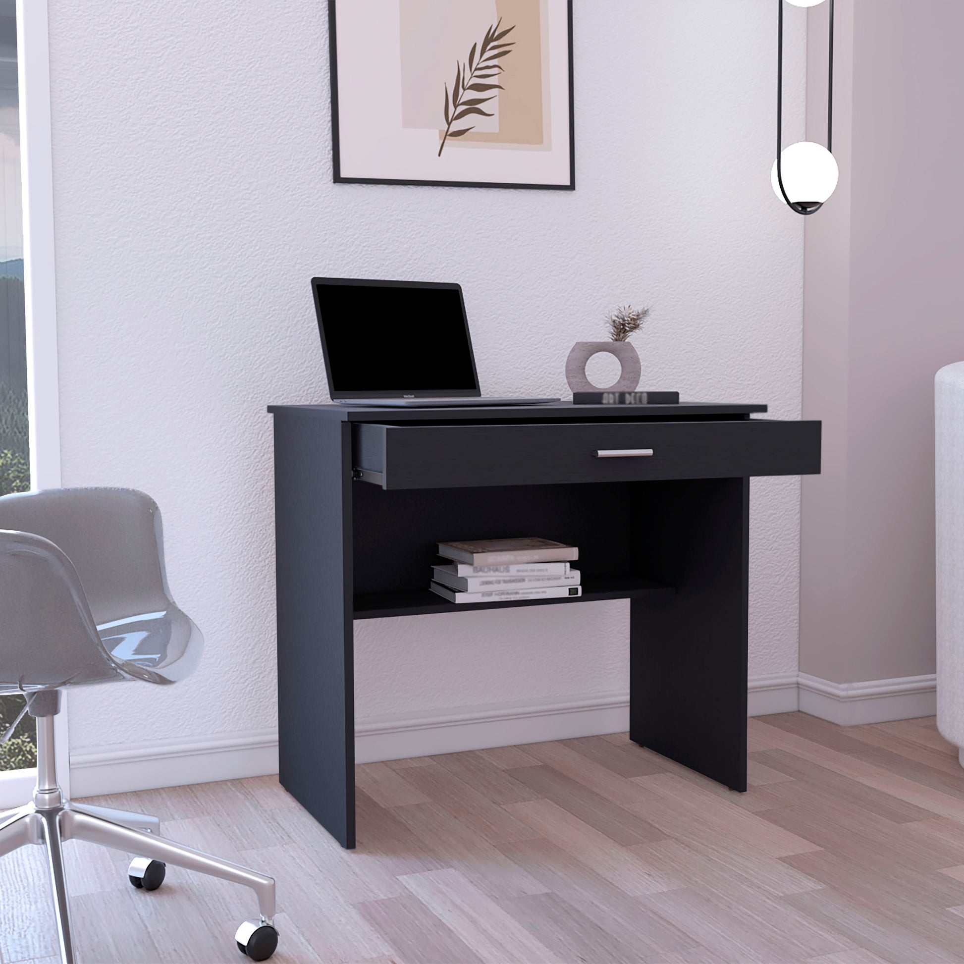 80 C Writting Desk, Compact Workstation With Drawer And Lower Shelf Black Computer Desk Office Modern Freestanding Rectangular Shelves Desk Rectangular Mdf Engineered Wood