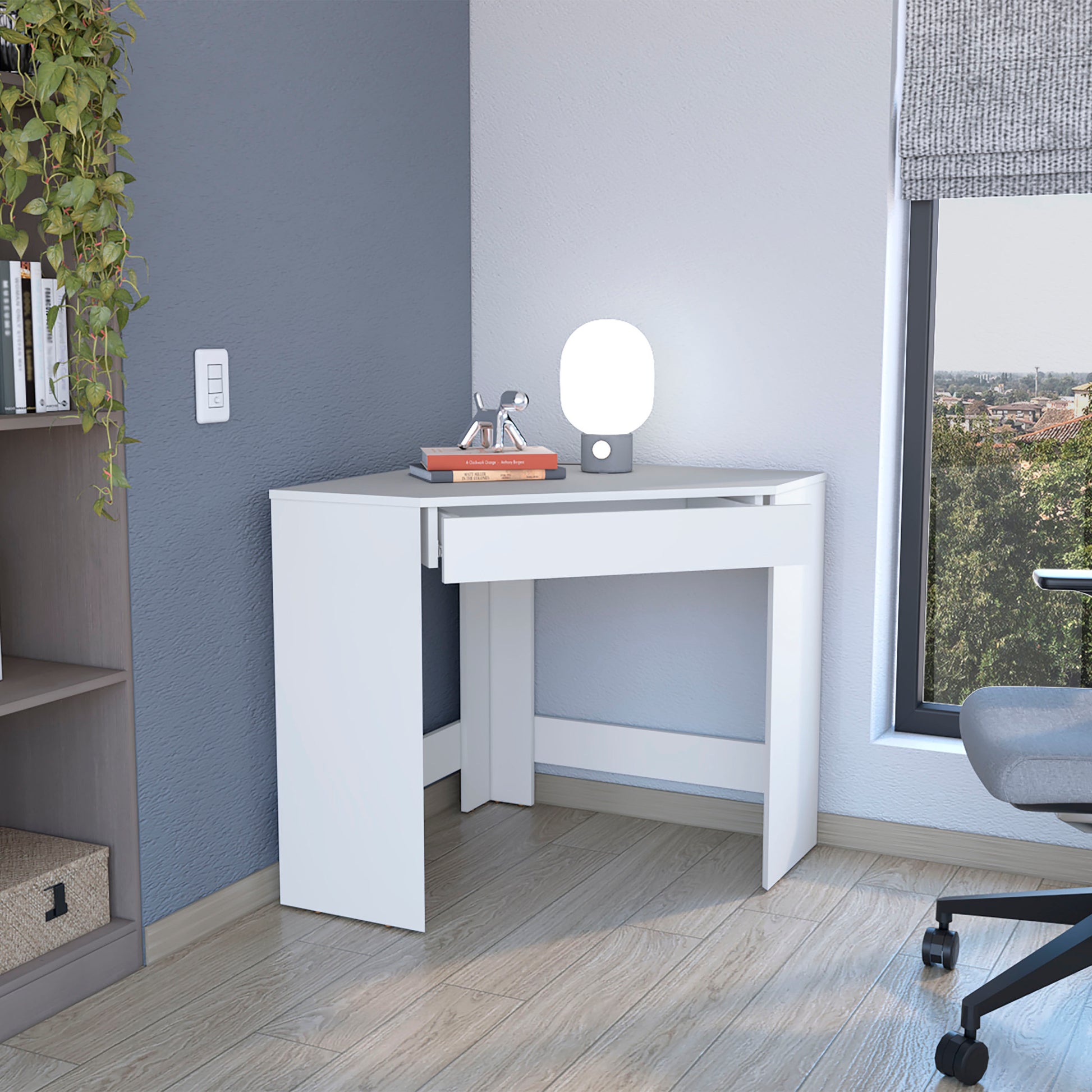 Amity Corner Desk With Spacious Drawer And Optimal Workstation White Computer Desk Office Modern Freestanding Corner Shelves Desk Rectangular Mdf Engineered Wood