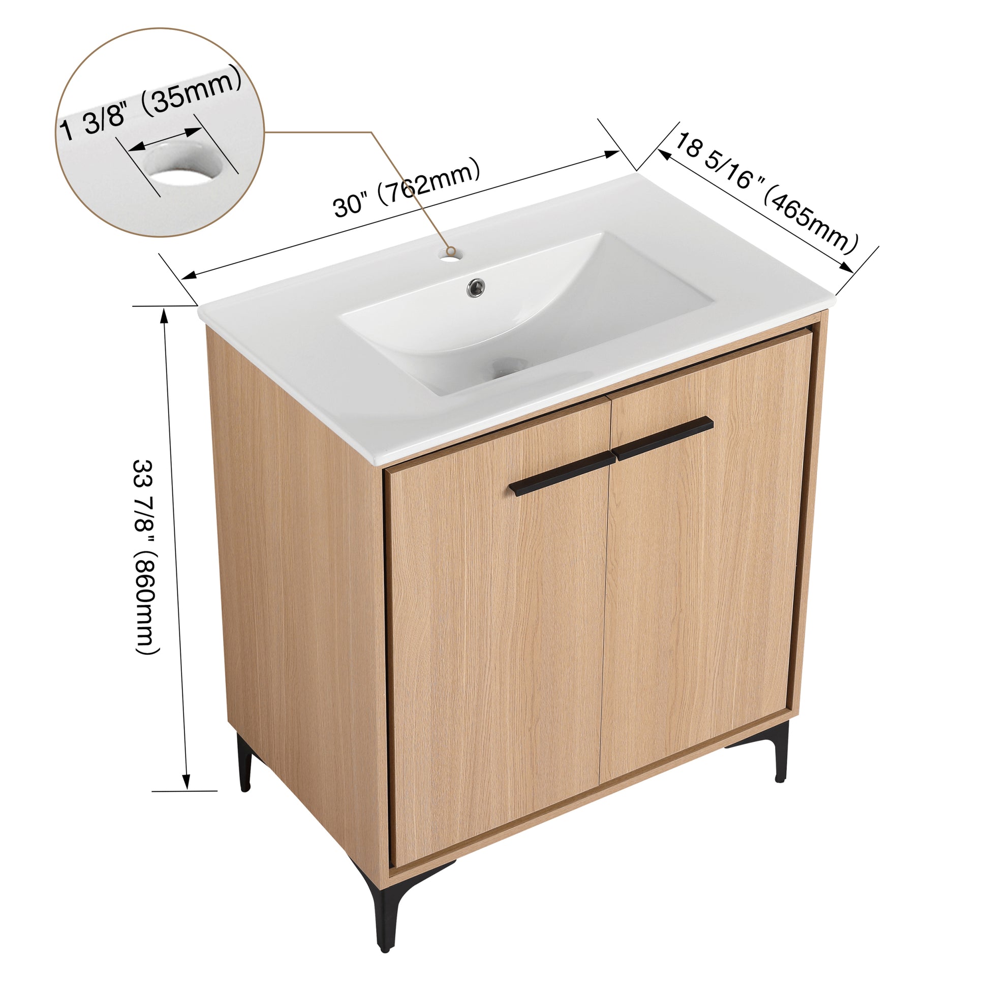 30 Inch Bathroom Vanity Base With Basin, Storage Cabinet With Doors, Engineered Wood Oak Bathroom American Design Ceramic Engineered Wood