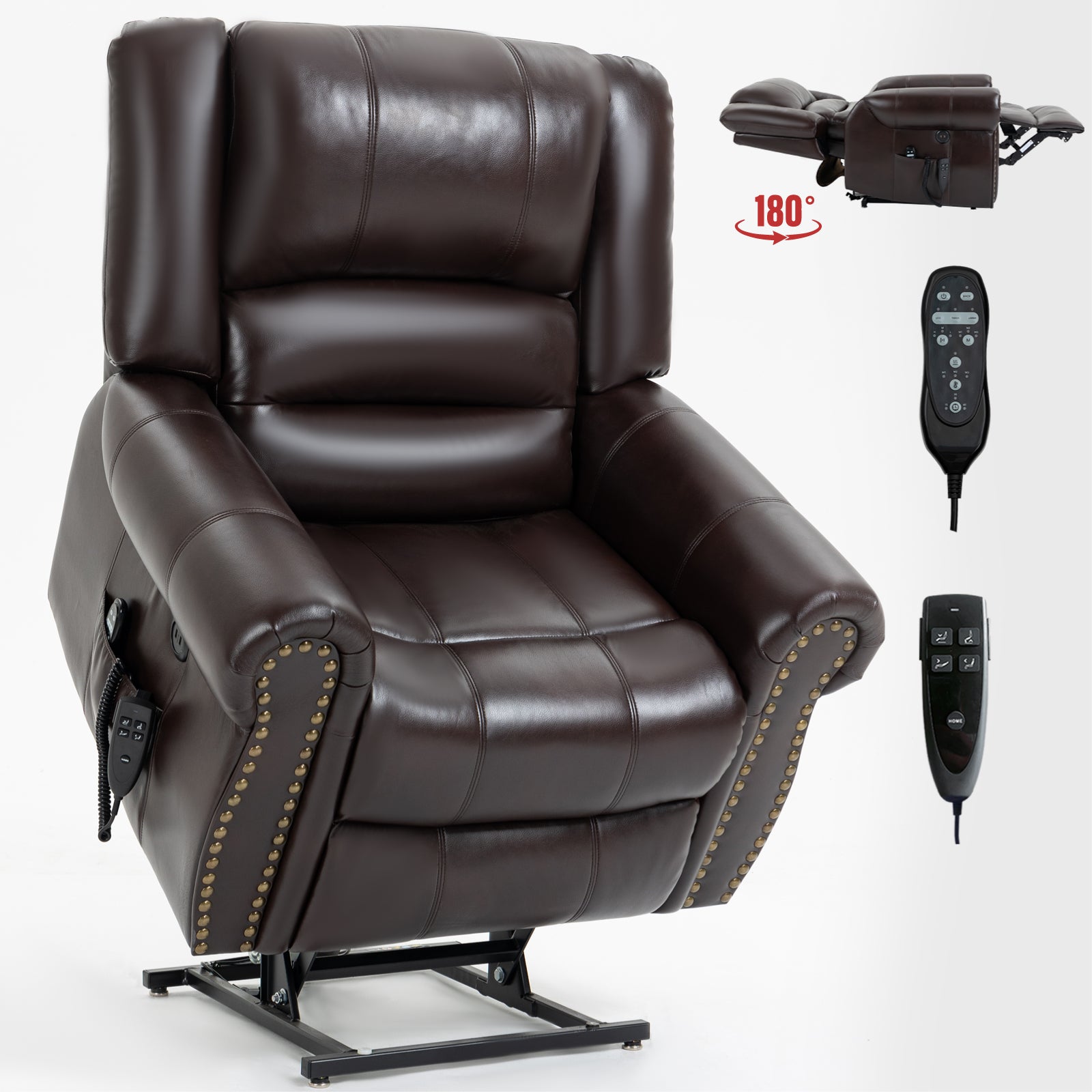Power Lift Recliner Chair Heat Massage Dual Motor Infinite Position Up To 350 Lbs, Faux Leather, Heavy Duty Motion Mechanism With Usb Ports, Brown White Metal Primary Living Space Heavy Duty Pine