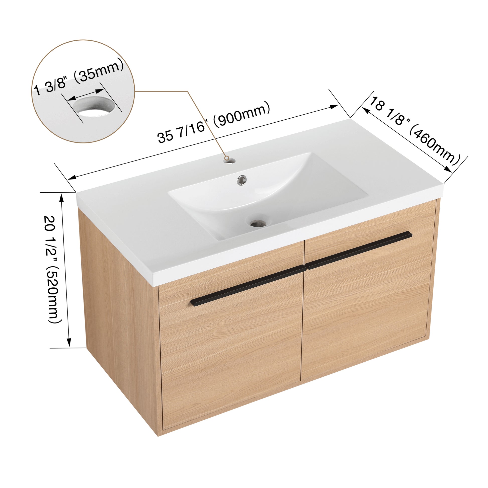 Oak 36 Inch Bathroom Vanity With Resin Countertop Sink, 2 Doors Bathroom Cabinet Set Oak Bathroom American Design Engineered Wood