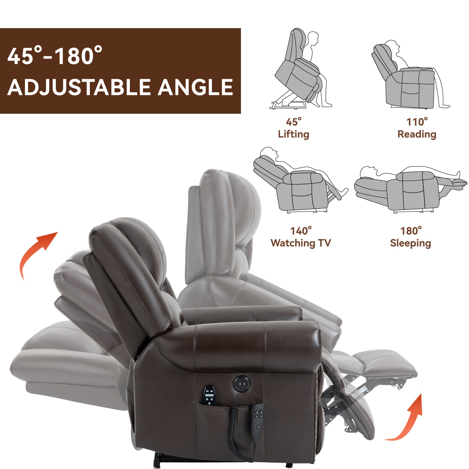 Power Lift Recliner Chair Heat Massage Dual Motor Infinite Position Up To 350 Lbs, Genuine Leather, Heavy Duty Motion Mechanism With Usb Ports, Brown White Metal Primary Living Space Heavy Duty Pine Brown Genuine Leather Power Remote Medium Firm Pillow