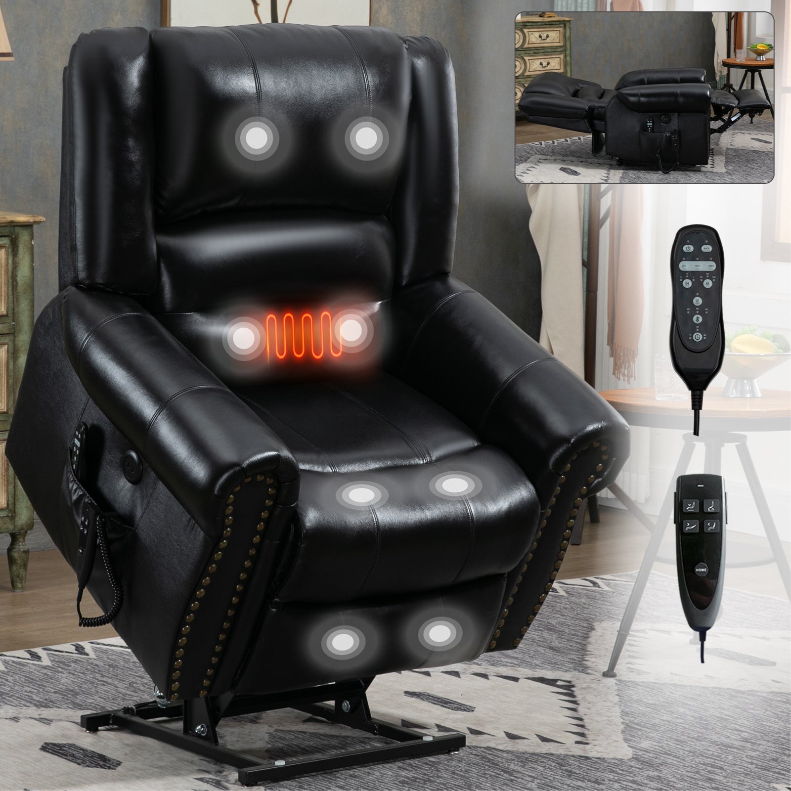 Power Lift Recliner Chair Heat Massage Dual Motor Infinite Position Up To 350 Lbs, Genuine Leather, Heavy Duty Motion Mechanism With Usb Ports, Black White Metal Primary Living Space Heavy Duty Pine Black Genuine Leather Power Remote Medium Firm Pillow