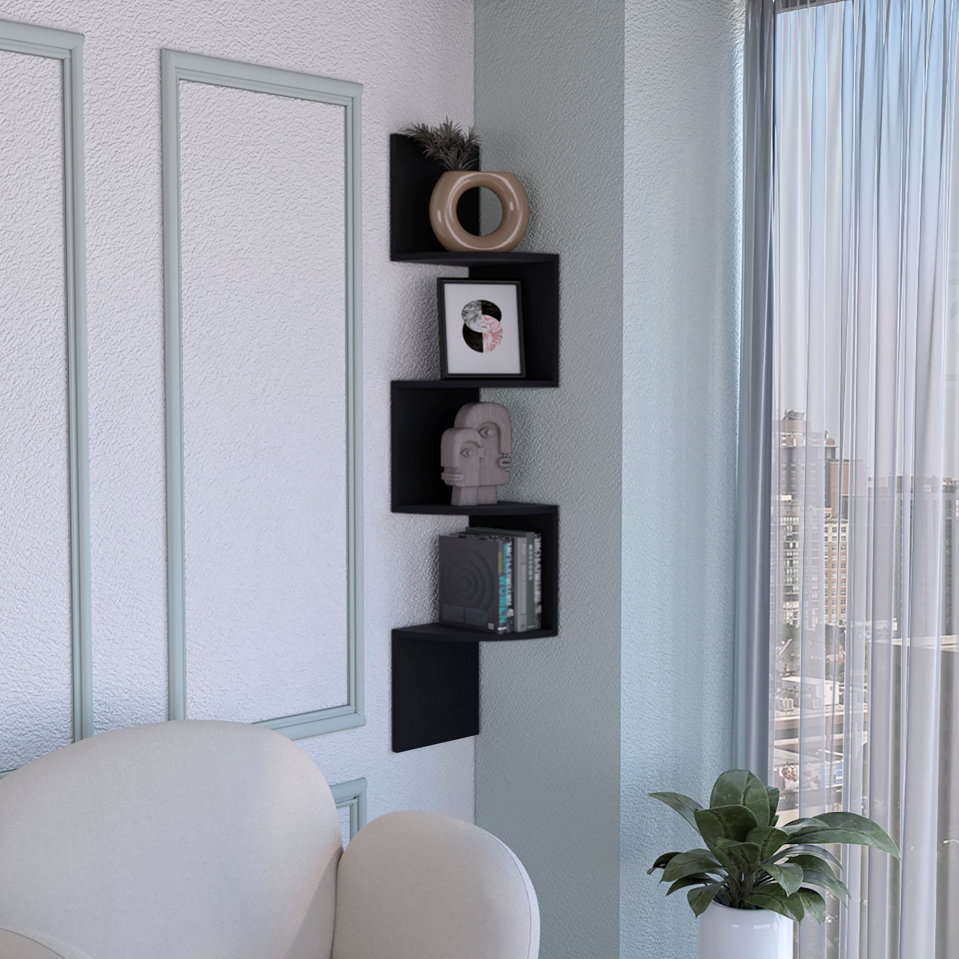 Rosset Corner Shelf, Modern Full Wall Design With Multiple Shelving Black Primary Living Space Modern Mdf Engineered Wood