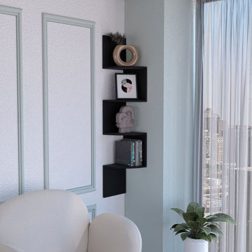 Rosset Corner Shelf, Modern Full Wall Design With Multiple Shelving Black Primary Living Space Modern Mdf Engineered Wood
