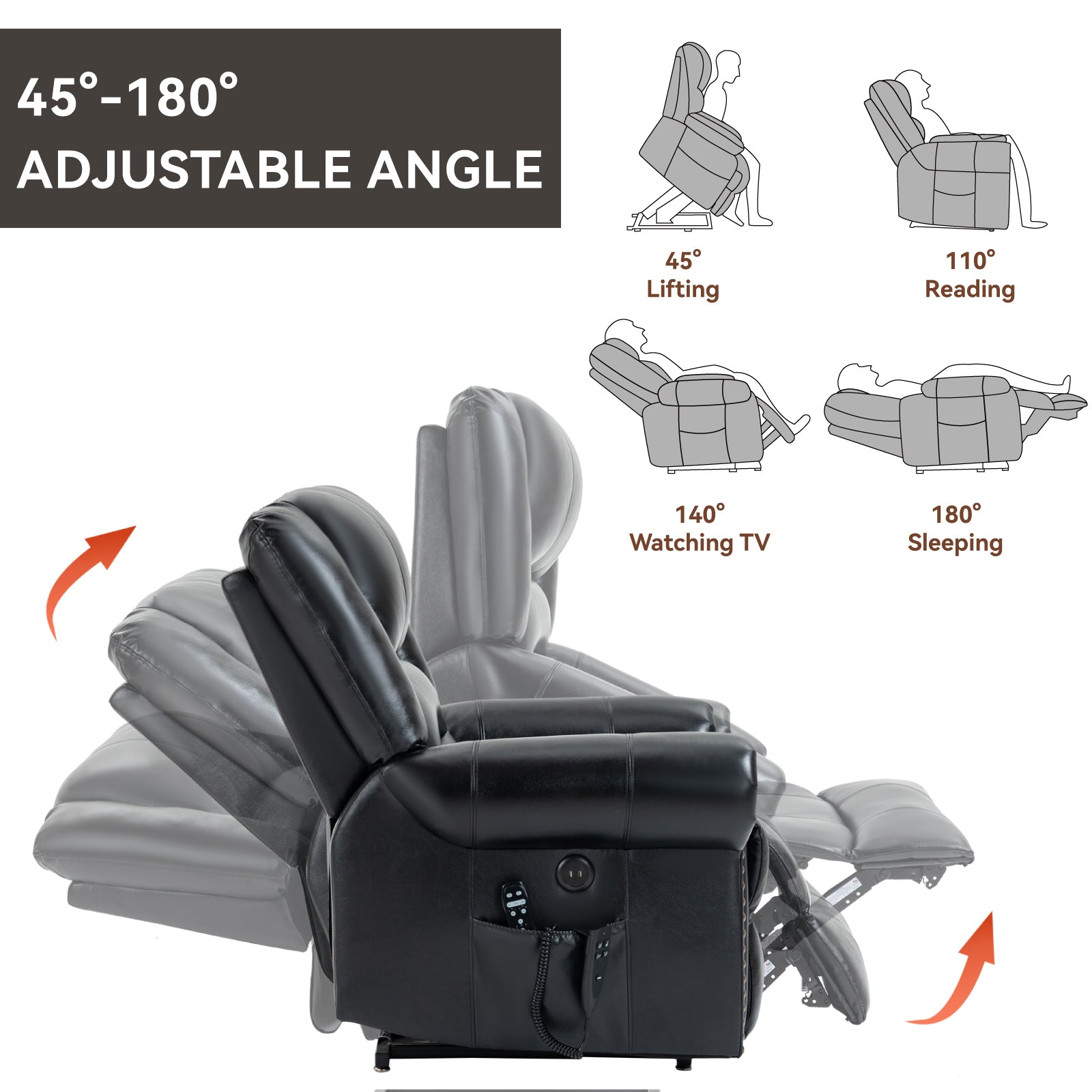 Power Lift Recliner Chair Heat Massage Dual Motor Infinite Position Up To 350 Lbs, Genuine Leather, Heavy Duty Motion Mechanism With Usb Ports, Black White Metal Primary Living Space Heavy Duty Pine Black Genuine Leather Power Remote Medium Firm Pillow