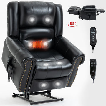 Power Lift Recliner Chair Heat Massage Dual Motor Infinite Position Up To 350 Lbs, Genuine Leather, Heavy Duty Motion Mechanism With Usb Ports, Black White Metal Primary Living Space Heavy Duty Pine Black Genuine Leather Power Remote Medium Firm Pillow