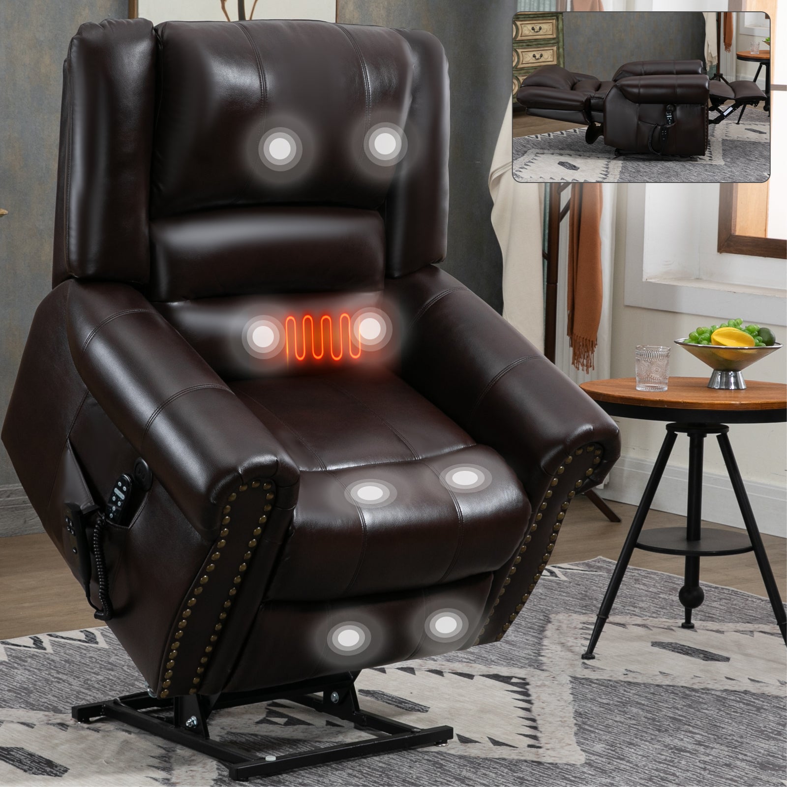 Power Lift Recliner Chair Heat Massage Dual Motor Infinite Position Up To 350 Lbs, Faux Leather, Heavy Duty Motion Mechanism With Usb Ports, Brown White Metal Primary Living Space Heavy Duty Pine