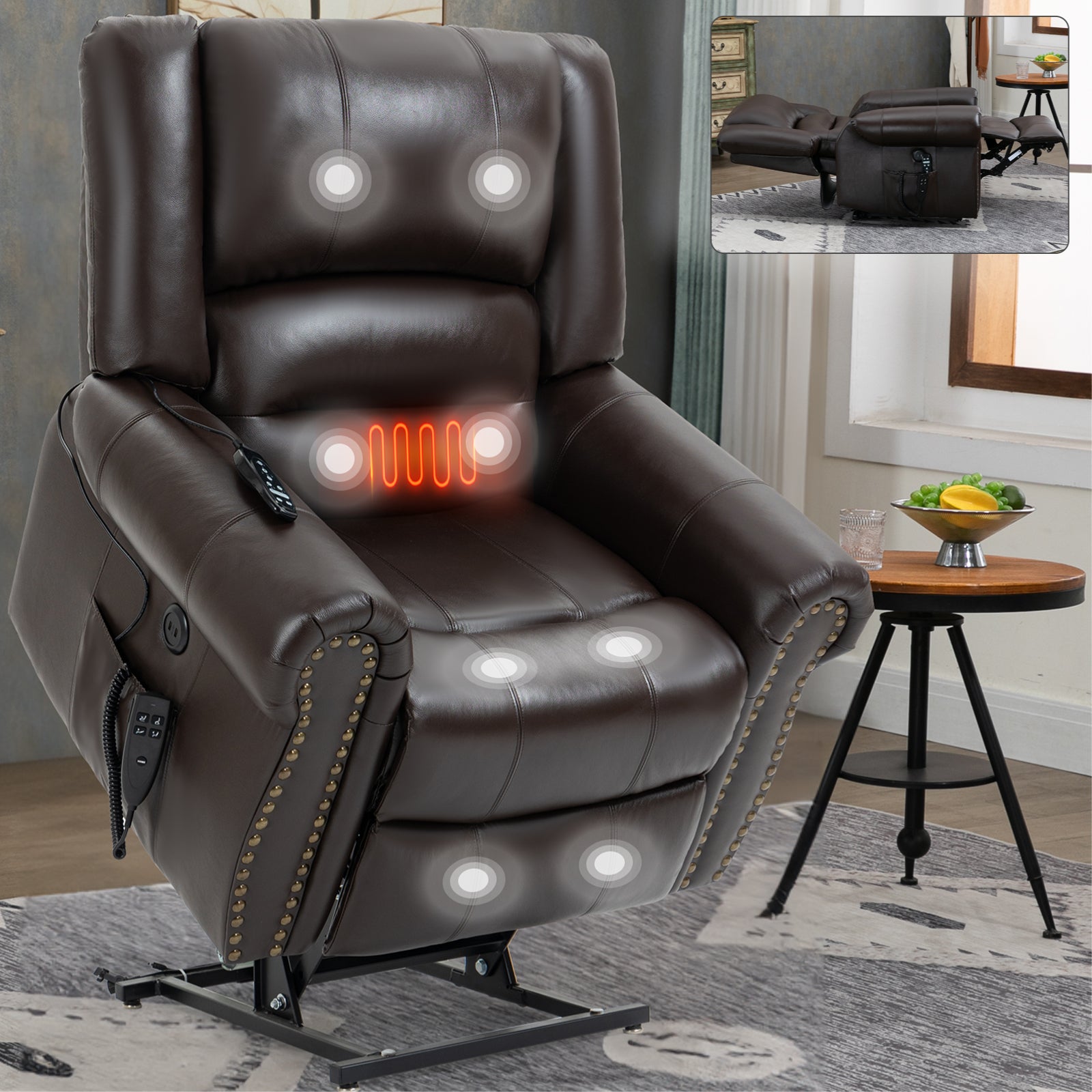 Power Lift Recliner Chair Heat Massage Dual Motor Infinite Position Up To 350 Lbs, Genuine Leather, Heavy Duty Motion Mechanism With Usb Ports, Brown White Metal Primary Living Space Heavy Duty Pine Brown Genuine Leather Power Remote Medium Firm Pillow