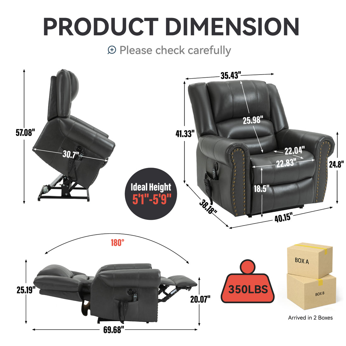 Power Lift Recliner Chair Heat Massage Dual Motor Infinite Position Up To 350 Lbs, Faux Leather, Heavy Duty Motion Mechanism With Usb Ports, Grey White Metal Primary Living Space Heavy Duty Pine Grey Faux Leather Power Remote Medium Firm Pillow Back