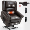 Power Lift Recliner Chair Heat Massage Dual Motor Infinite Position Up To 350 Lbs, Genuine Leather, Heavy Duty Motion Mechanism With Usb Ports, Brown White Metal Primary Living Space Heavy Duty Pine Brown Genuine Leather Power Remote Medium Firm Pillow