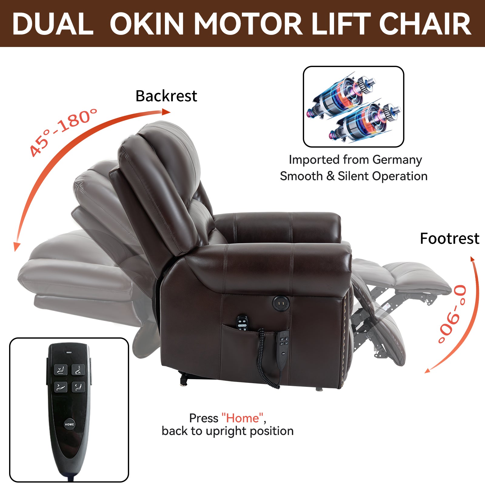 Power Lift Recliner Chair Heat Massage Dual Motor Infinite Position Up To 350 Lbs, Faux Leather, Heavy Duty Motion Mechanism With Usb Ports, Brown White Metal Primary Living Space Heavy Duty Pine