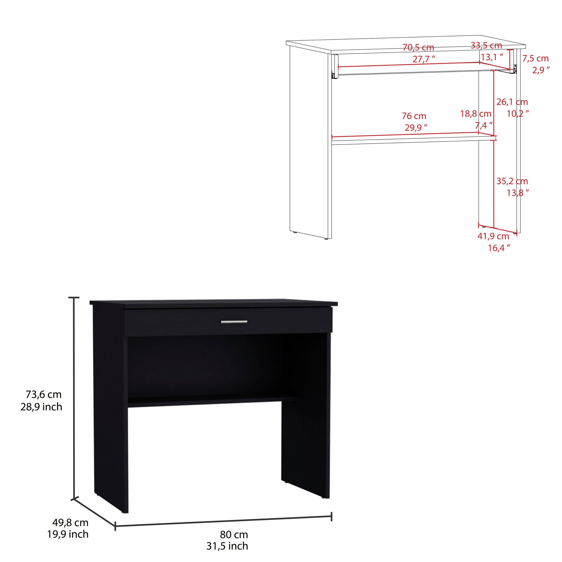 80 C Writting Desk, Compact Workstation With Drawer And Lower Shelf Black Computer Desk Office Modern Freestanding Rectangular Shelves Desk Rectangular Mdf Engineered Wood