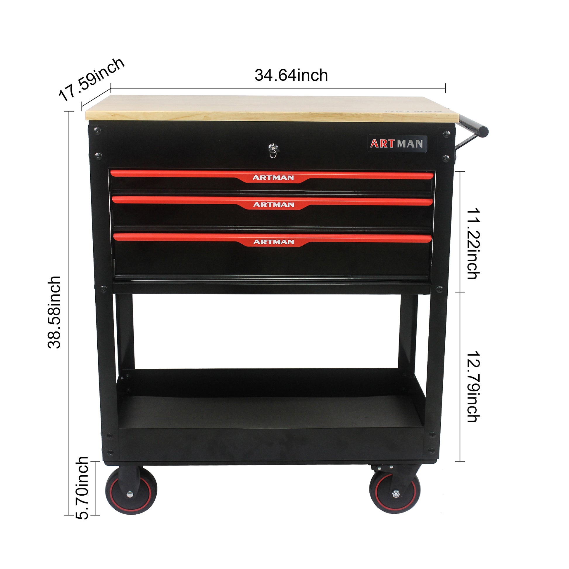 3 Drawers Multifunctional Tool Cart With Wheels And Wooden Top Black Red Metal