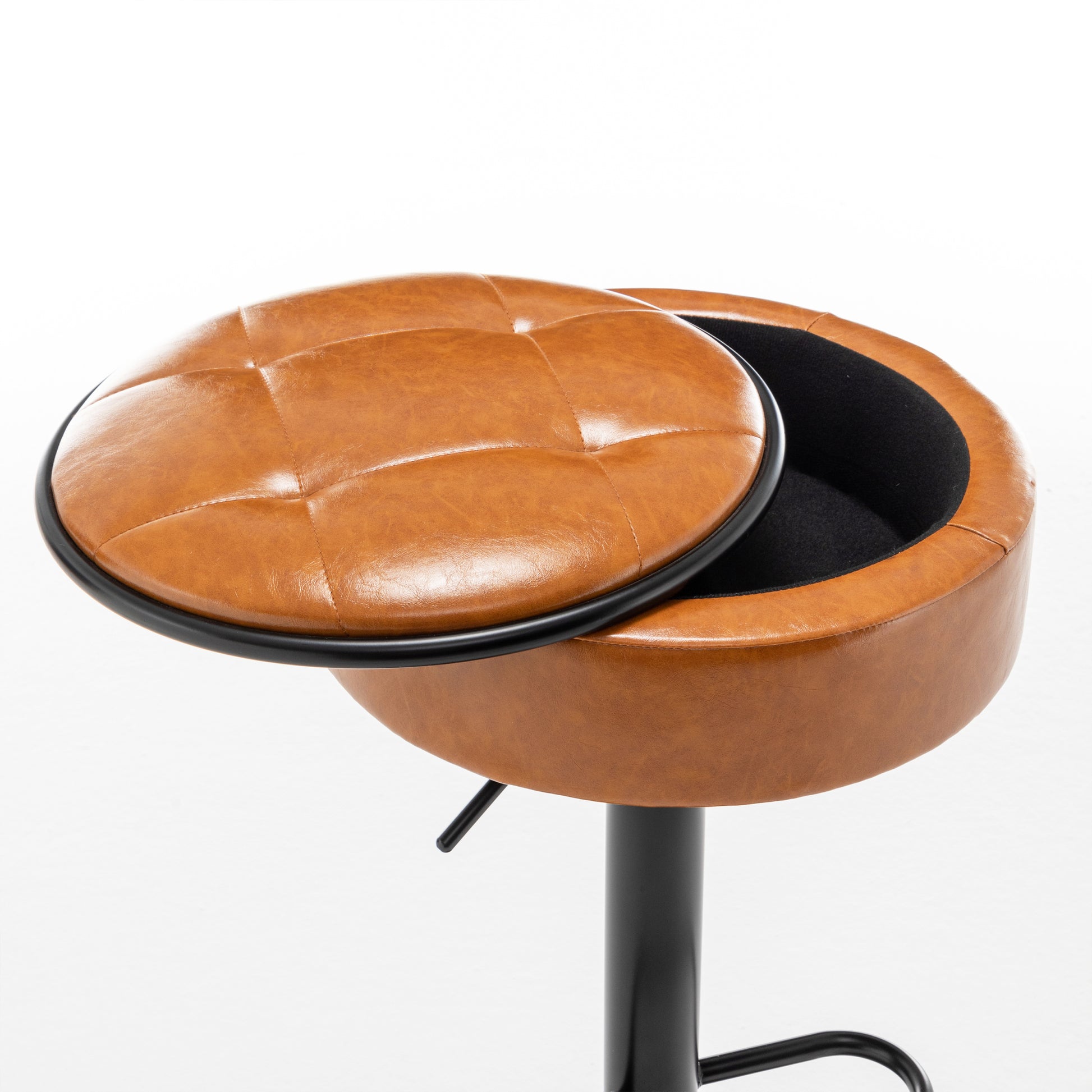Round Storage Bar Stool Set Of 2, Brown Faux Leather Height Adjustable Barstool, 360 Counter Height Swivel Stool, Armless Bar Chair With Metal Frame For Kitchen Counter Dining Living Room Brown Set Of 2 Foam Pu Leather